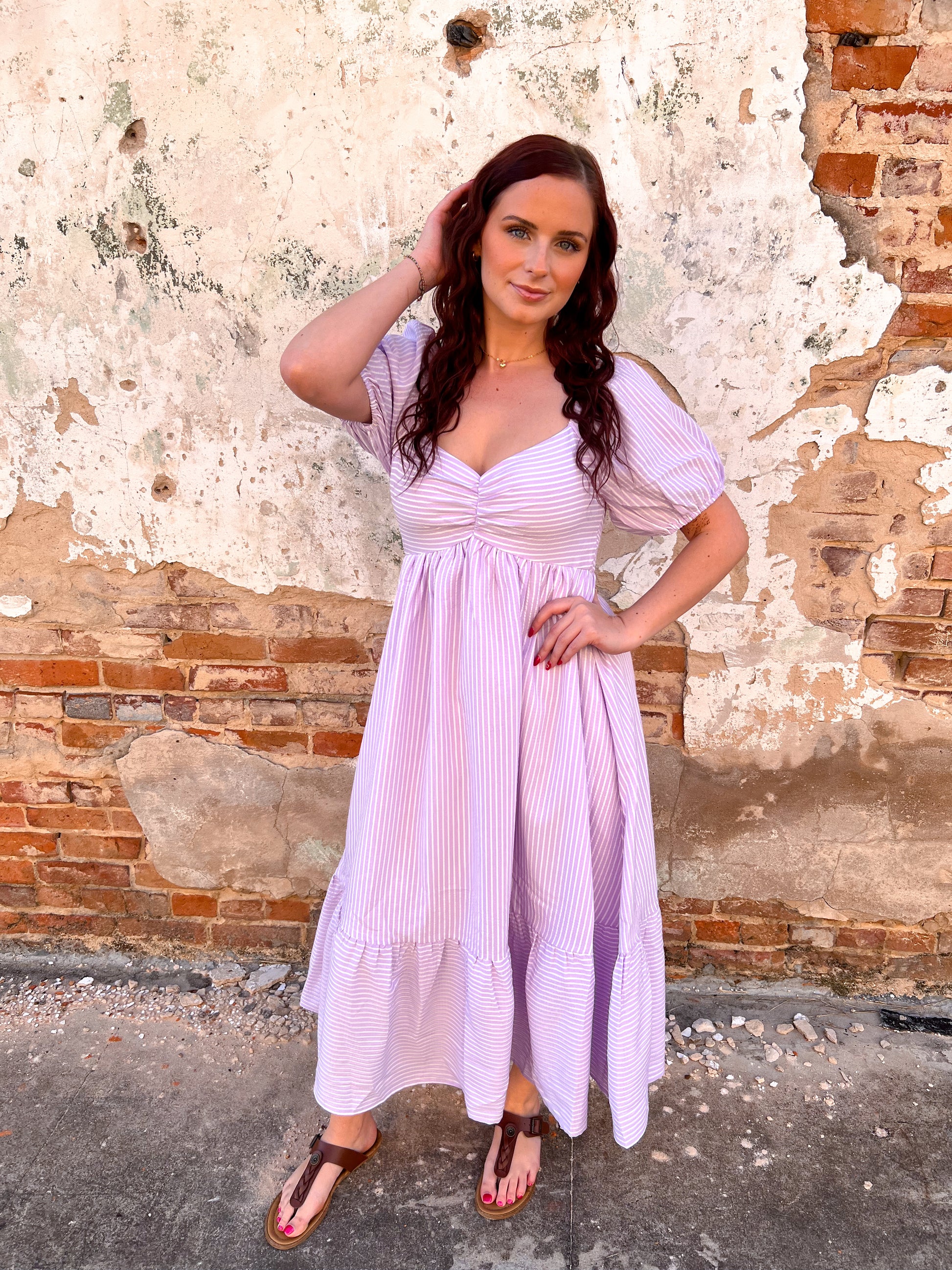 Emily Sweetheart Neck Striped Midi Dress With Smocked Back - Lavender-Dresses-in february-05/14/25,1st md,BIN D3,DJR,dress,FD 03/18/25,OGP 69.99-The Twisted Chandelier