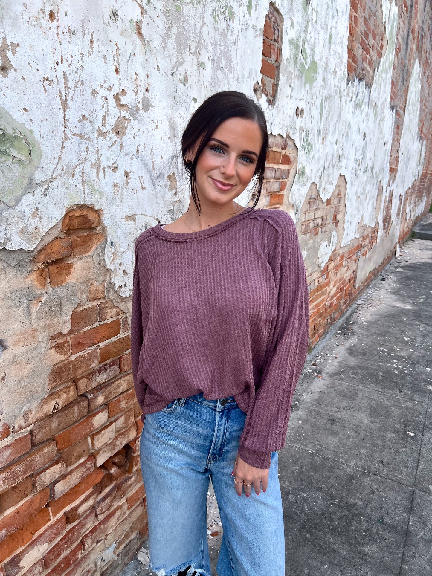 Everly Brushed Waffle Fabric Loose Fit Long Sleeve Top-La Miel-Bin a1,FD 8/5/25,HAT7565,Tops Collection-The Twisted Chandelier