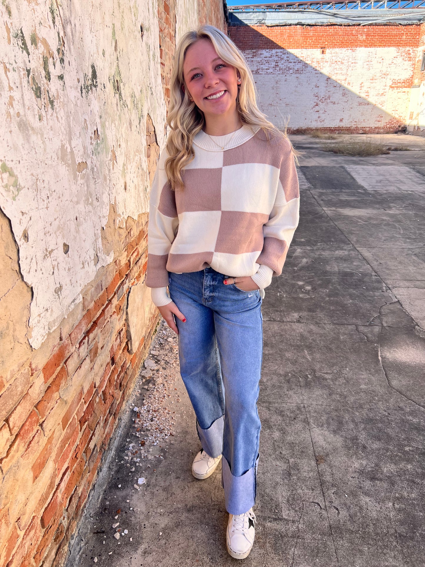 Casey Checkered Side Slits Drop Shoulder Oversized Sweater-Sweater-fashionworks-BIN A2,FD 12/09/24,Max Retail,not on the floor only in the bins,Tops Collection-The Twisted Chandelier