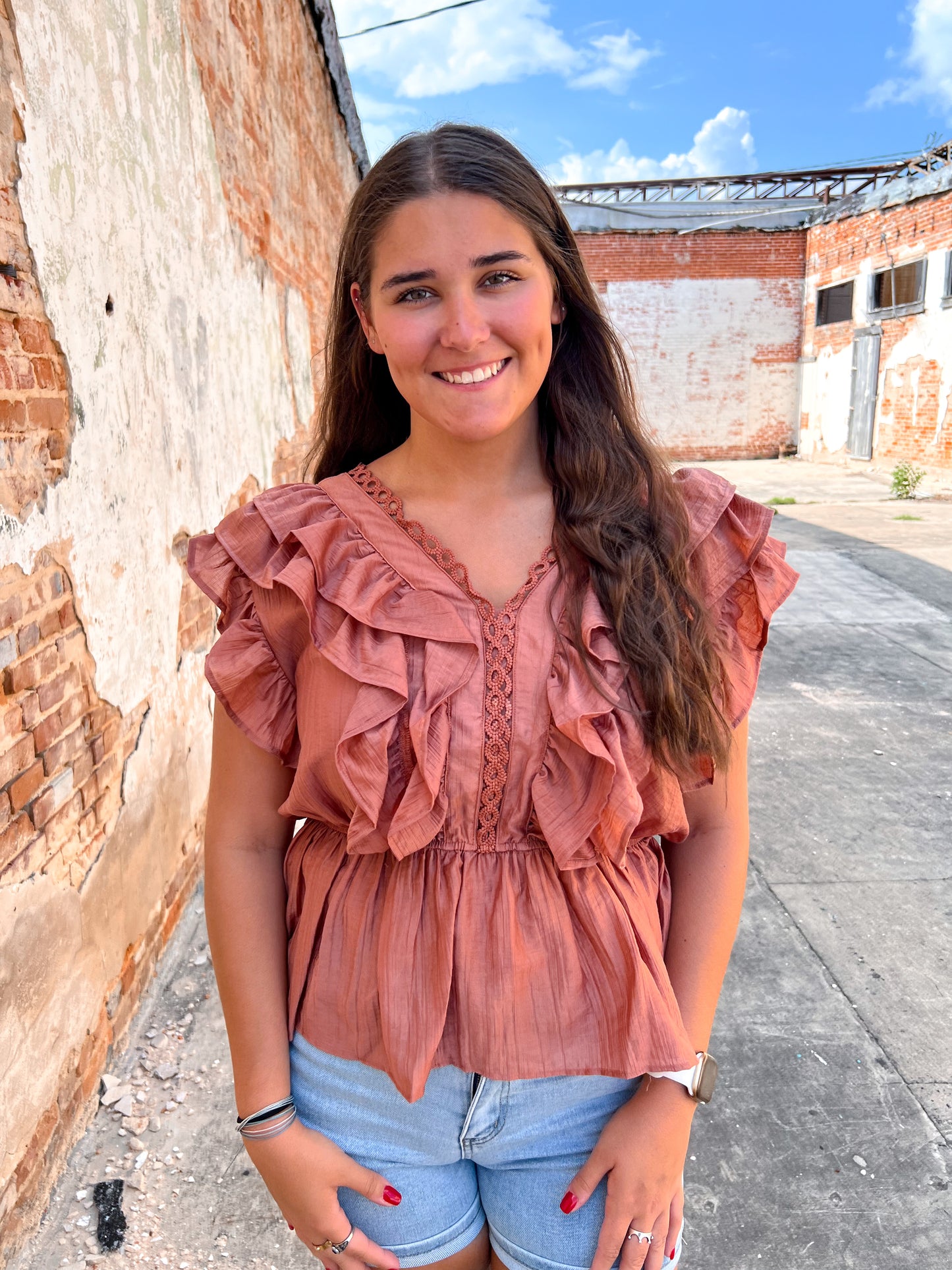 Beth Desert Rose Ruffle Top-BLOUSE TOP-Southern Grace Wholesale-02/07/25,1st md,9233E,Bin d2,Max Retail,Tops Collection-The Twisted Chandelier