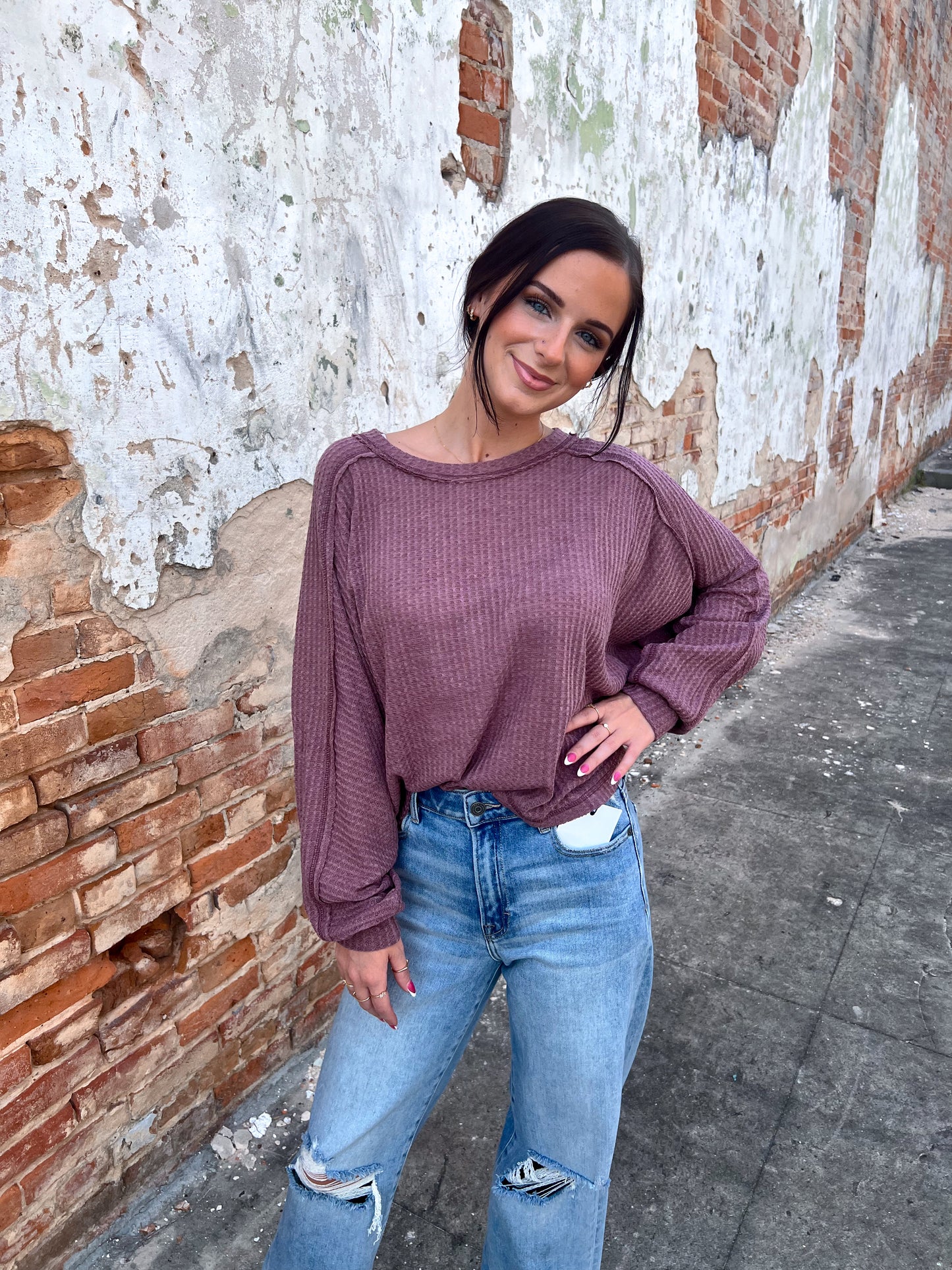 Everly Brushed Waffle Fabric Loose Fit Long Sleeve Top-La Miel-Bin a1,FD 8/5/25,HAT7565,Tops Collection-The Twisted Chandelier