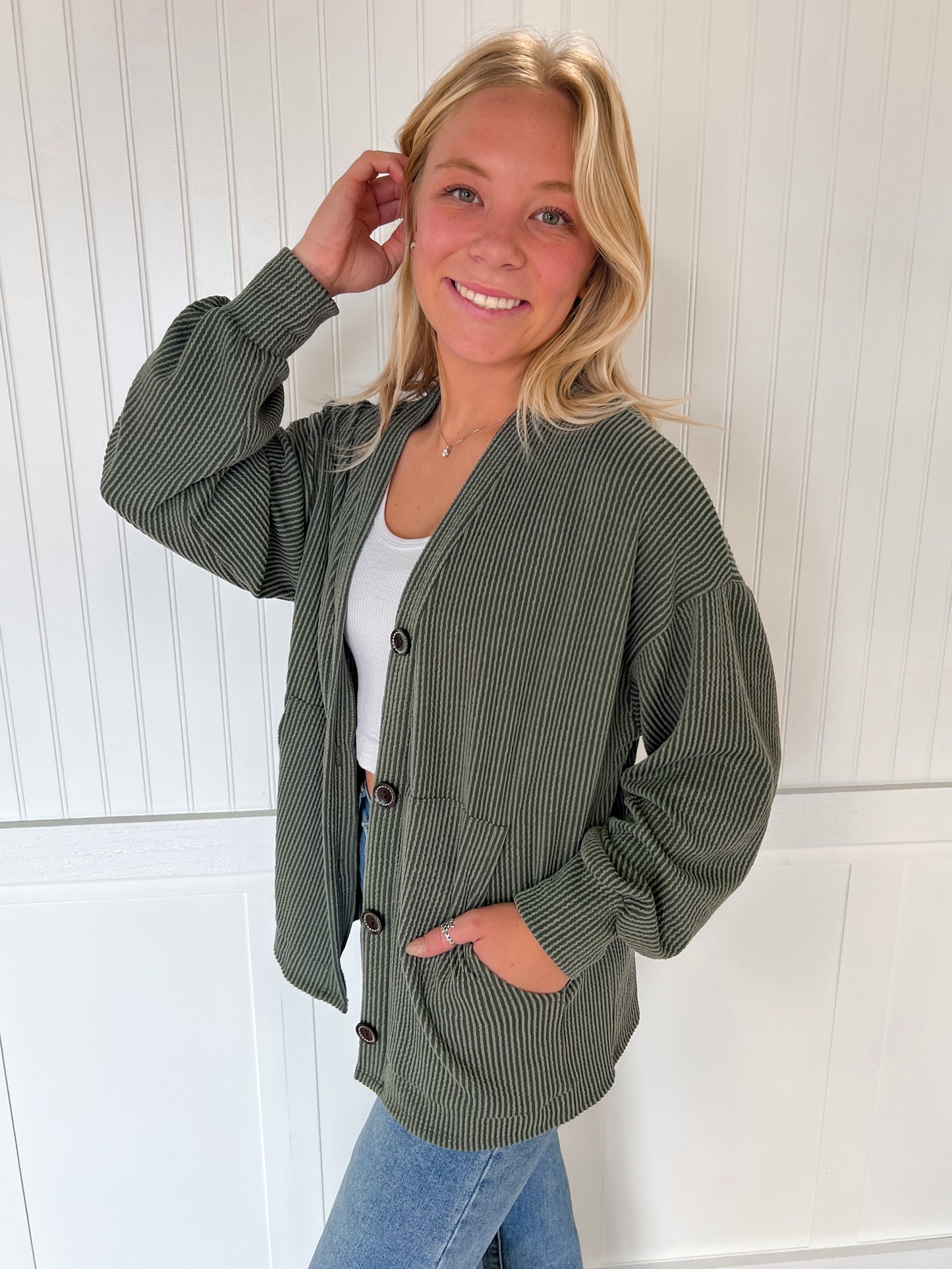 Kate Solid Rib Drop Shoulder Button Balloon Sleeve Cardigan - Olive-7th Ray-BIN A2,FD 09/22/25-The Twisted Chandelier