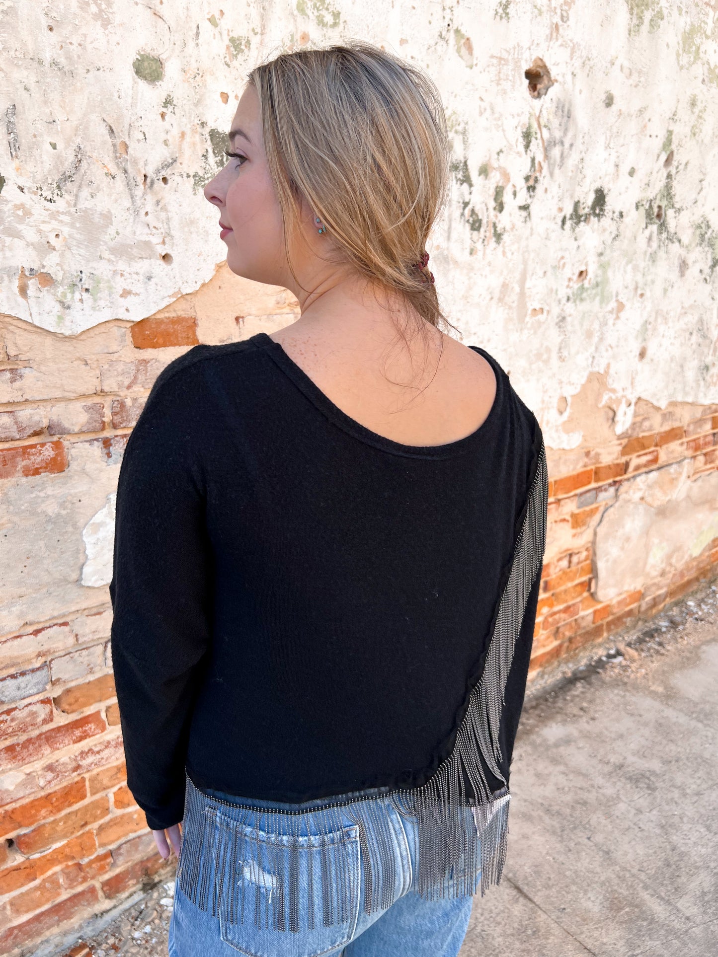 Juniper Black Sweater Metal Fringe Hem-Sweater-Vocal-$25 & Under Sale,20011L,Bin E5,Max Retail,Mystery L- jfc892,Tops Collection-The Twisted Chandelier