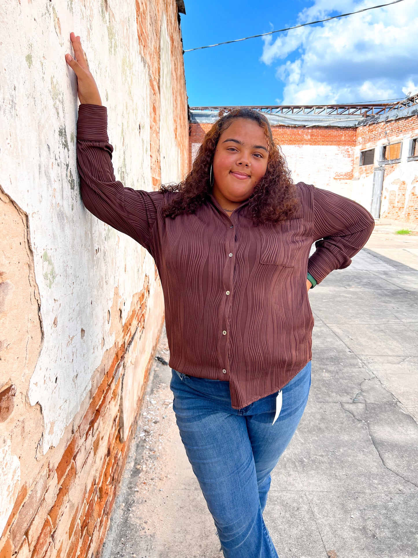 Bella Solid Textured Long Sleeve Button Up Top Plus - Chocolate-TOP-Entro-05/27/24,1st md,BIN D3,Max Retail,Tops Collection-The Twisted Chandelier