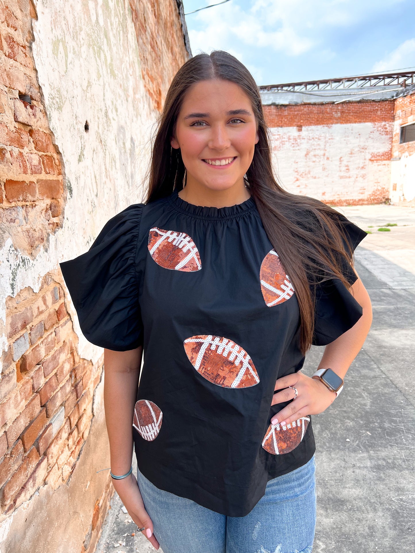 Football Sequin Patch Solid Poplin Blouse-BLOUSE TOP-oddi-10/11/24,1st md,Bin c1,Bin C3,Cr05/29/24,gameday,IT16963,Max Retail,OGP 49.99,Tops Collection-The Twisted Chandelier