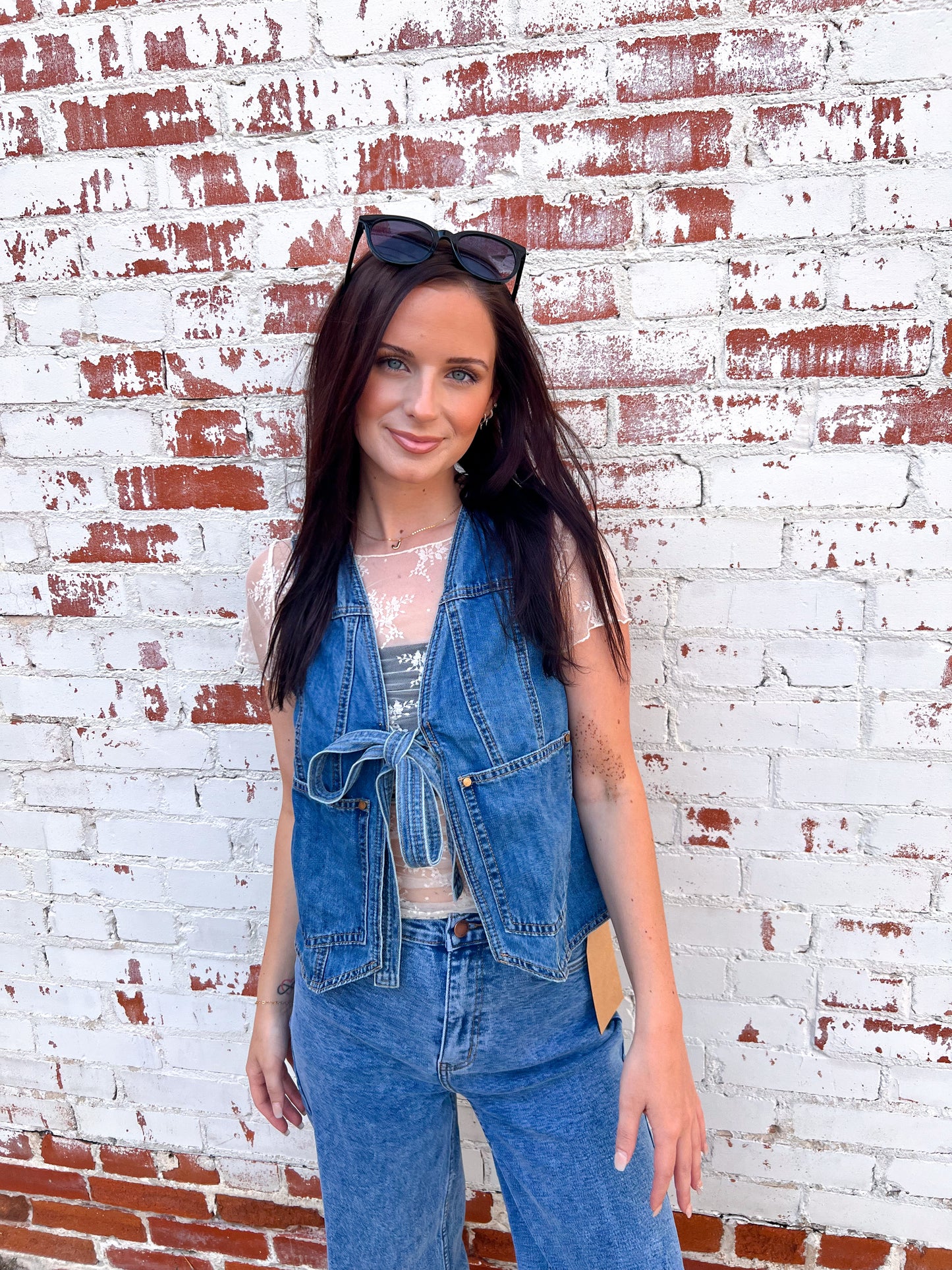 Kassie Denim Front Tie Vest-vest-Listicle-1st md 6/11,Bin B5,CR 05/10/25,OGP 54.95,Tops Collection-The Twisted Chandelier