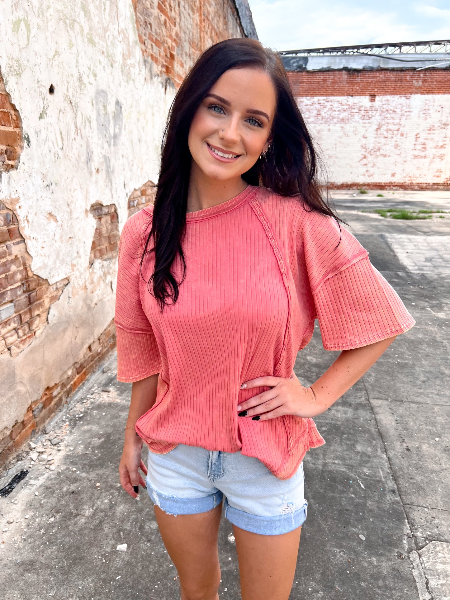 Cassie Mineral Washed Oversized Ribbed Knit Casual Top - Coral-VERY J-BIN A 3,FD 06/10/25,Tops Collection-The Twisted Chandelier