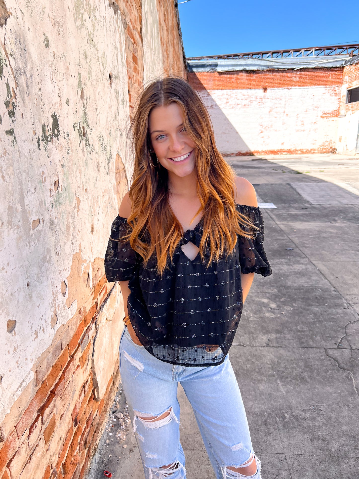 Sarah Textured Top with Bow on Front-TOPS-Andree-04/25,05/27/24,1st md,7/11/23,Max Retail,Mystery L- sbul,Tops Collection,western & concert-The Twisted Chandelier