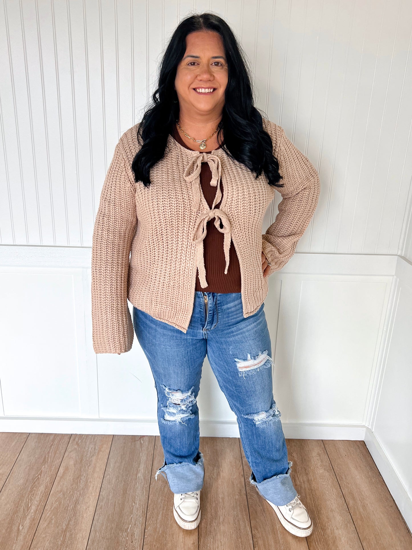 Rowan Neutral Loose Knit Sweater Top with Front Bow Tie Detail-Cardigan-BiBi-FD 11/6/25-The Twisted Chandelier