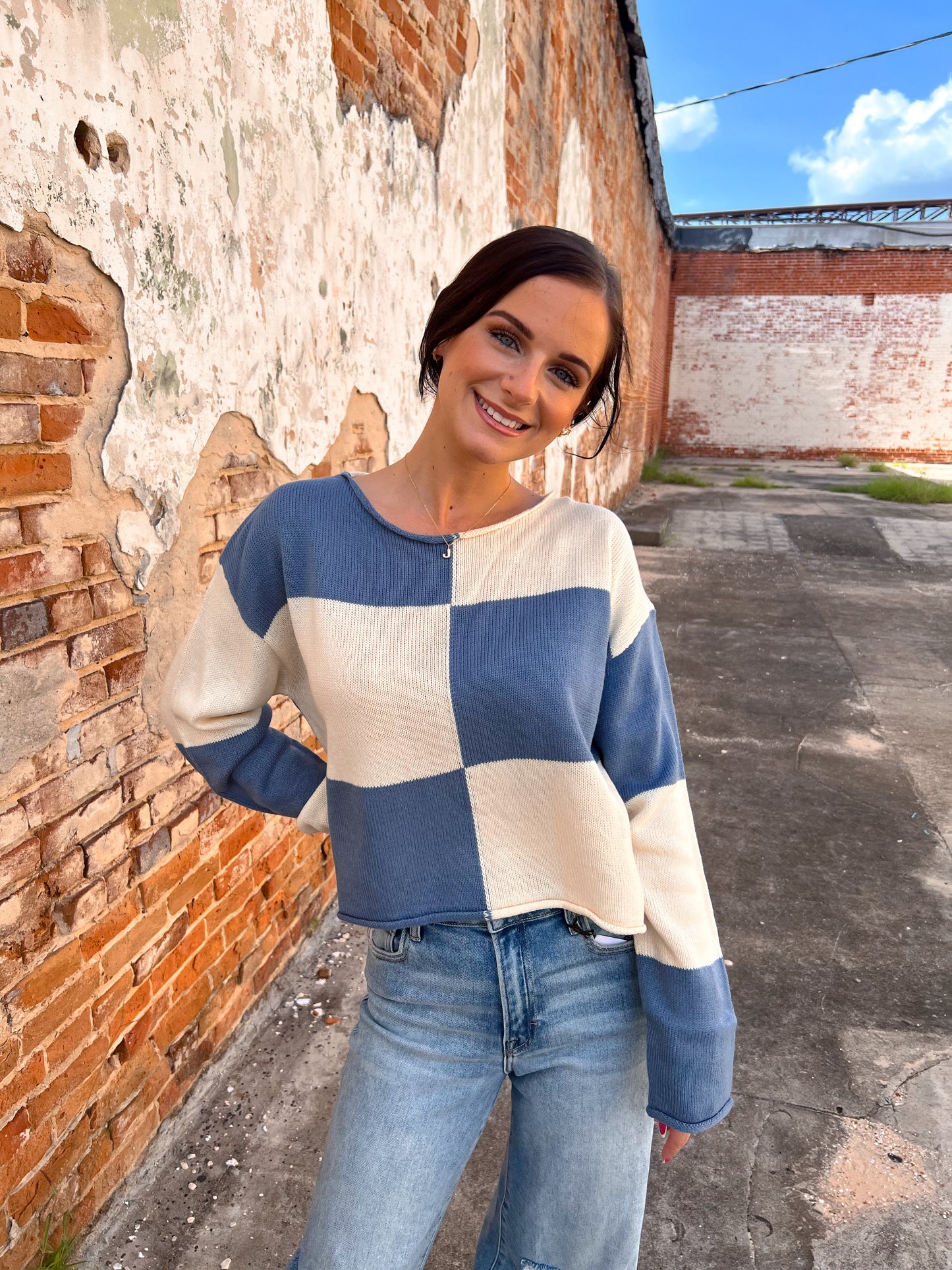 Paige Checkered Sweater Loose Fit Rolled Hem Sweater-La Miel-Bin a1,FD 09/09/25,Sweater,Tops Collection-The Twisted Chandelier