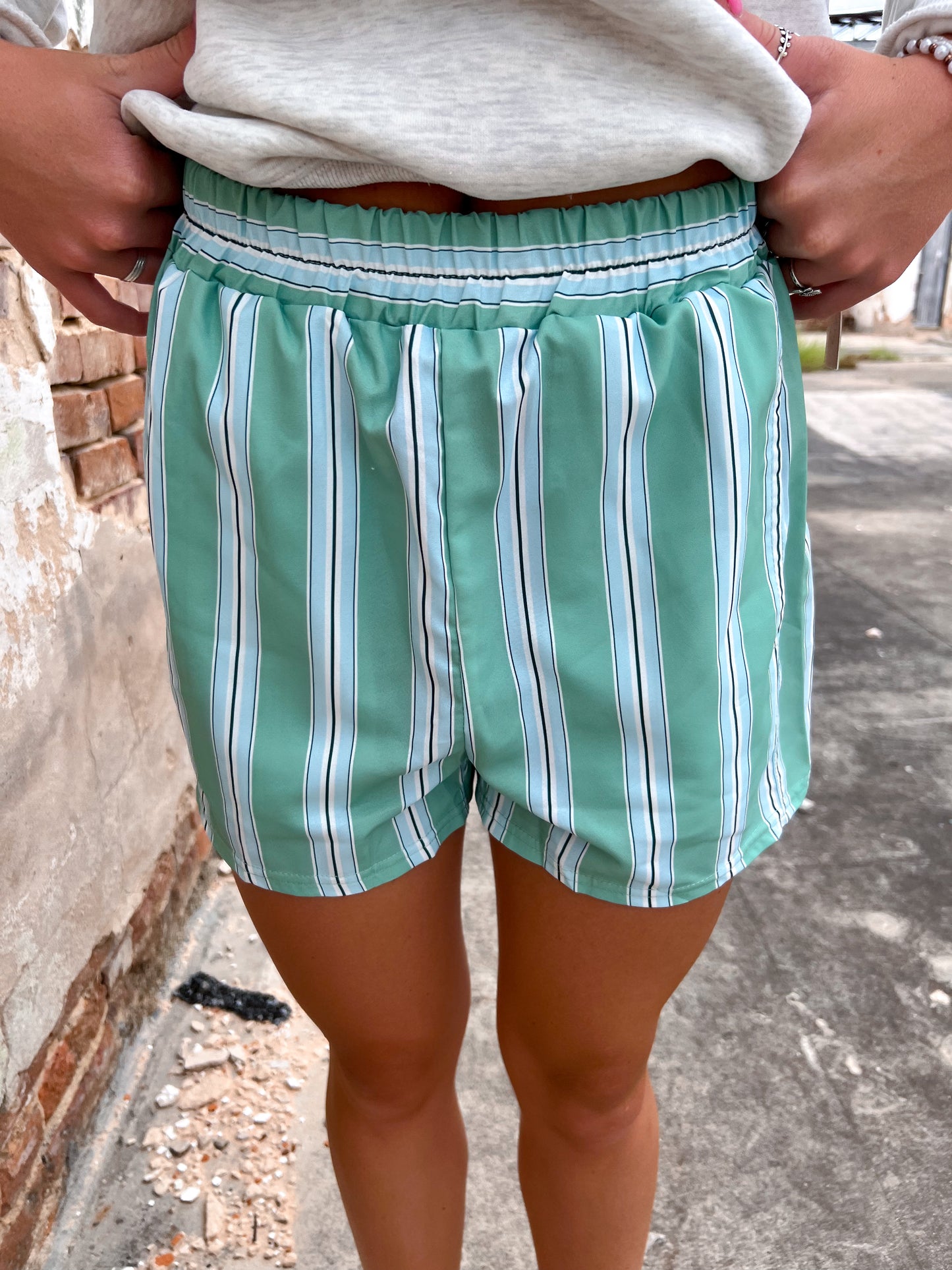 Stella Elastic Waist Boxer Shorts - Green & Blue Striped-Shorts-Rosa Clothing-11/17/24,1st md,BIN A2,bottom,FD 09/03/24,not on the floor only in the bins,OGP 34.99-The Twisted Chandelier