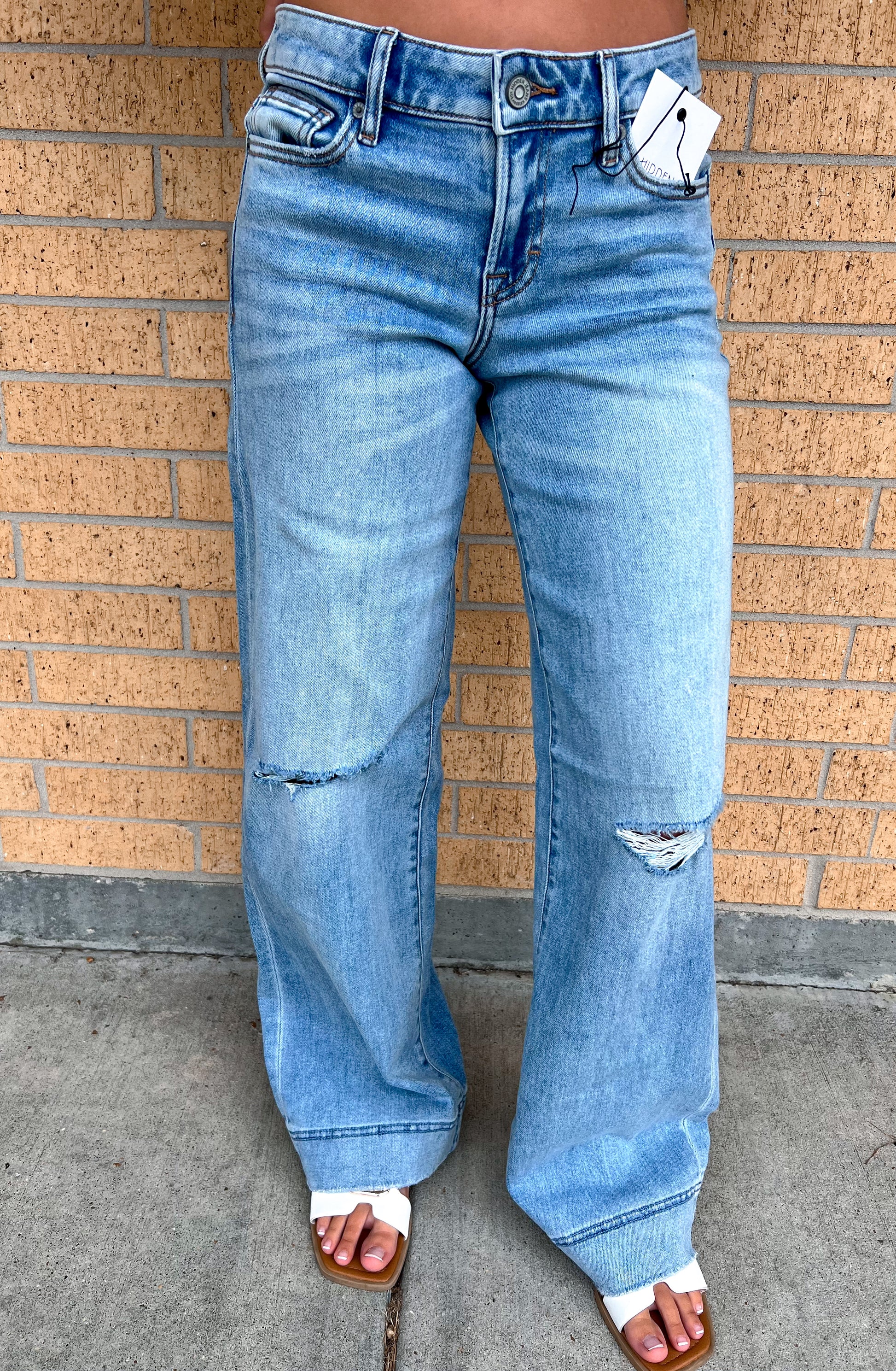 Nori Light Wash Distressed Stretch 33" Inseam Wide Leg Jeans-Hidden Jeans-BIN A 3,Bin b6,bottoms,FD 08/19/25-The Twisted Chandelier