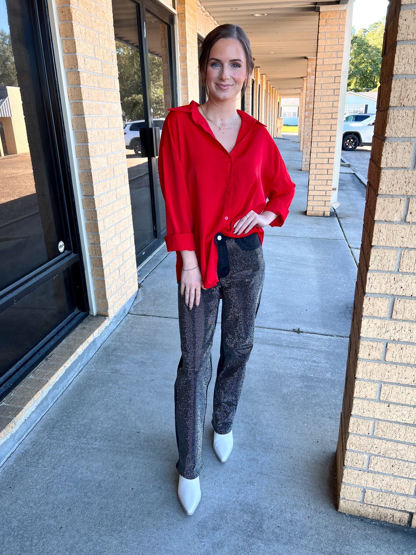 Joanna Red Classic Button Up Top-top-Southern Grace Wholesale-BIN A2,FD 12/23/24,Tops Collection-The Twisted Chandelier