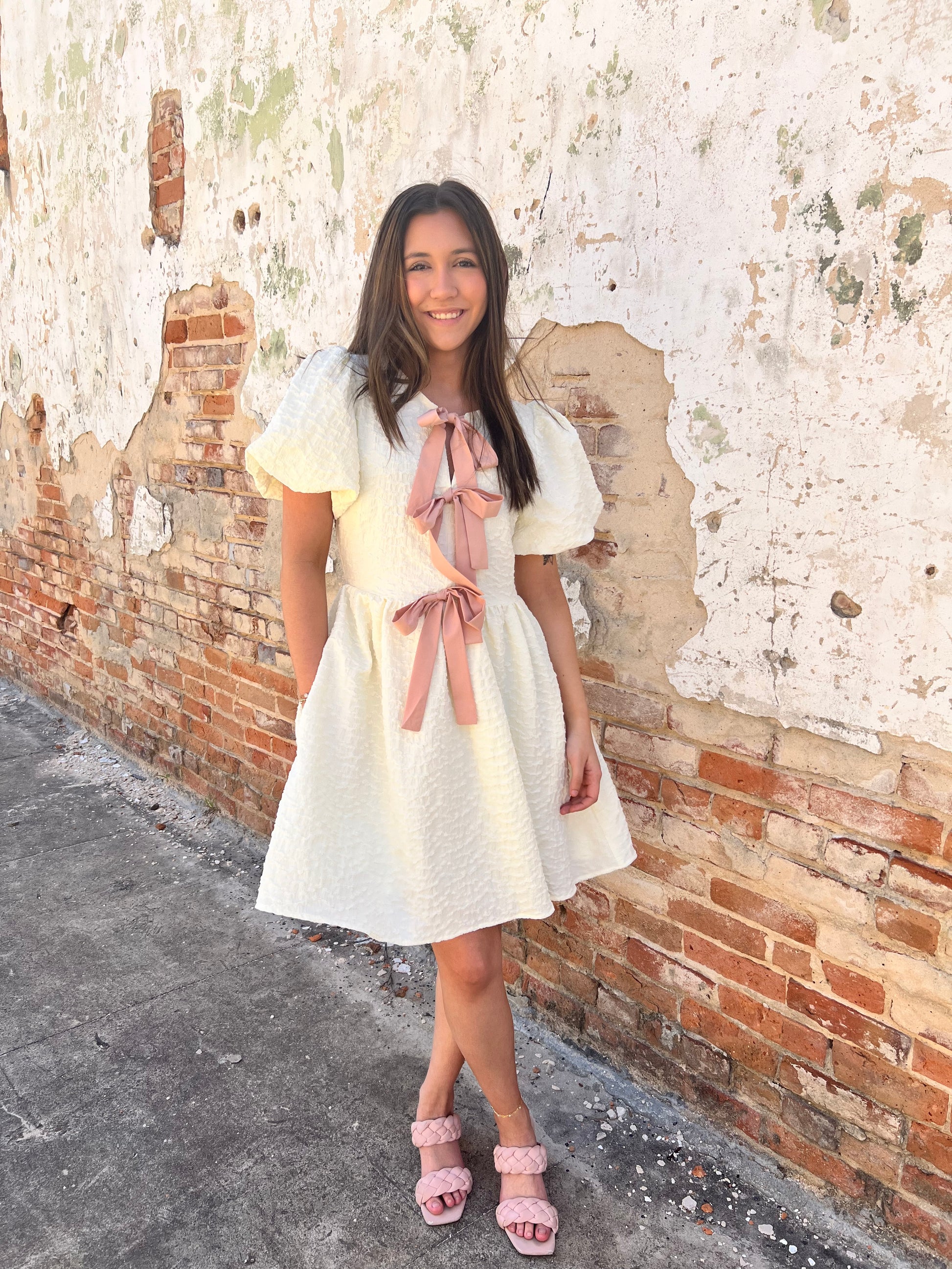 Bianca Bubble Textured Bow Tie Front Dress with Bubble Sleeves - Cream-Dress-idem ditto-1st md,BIN A 3,DJR,FD 05/13/25-The Twisted Chandelier