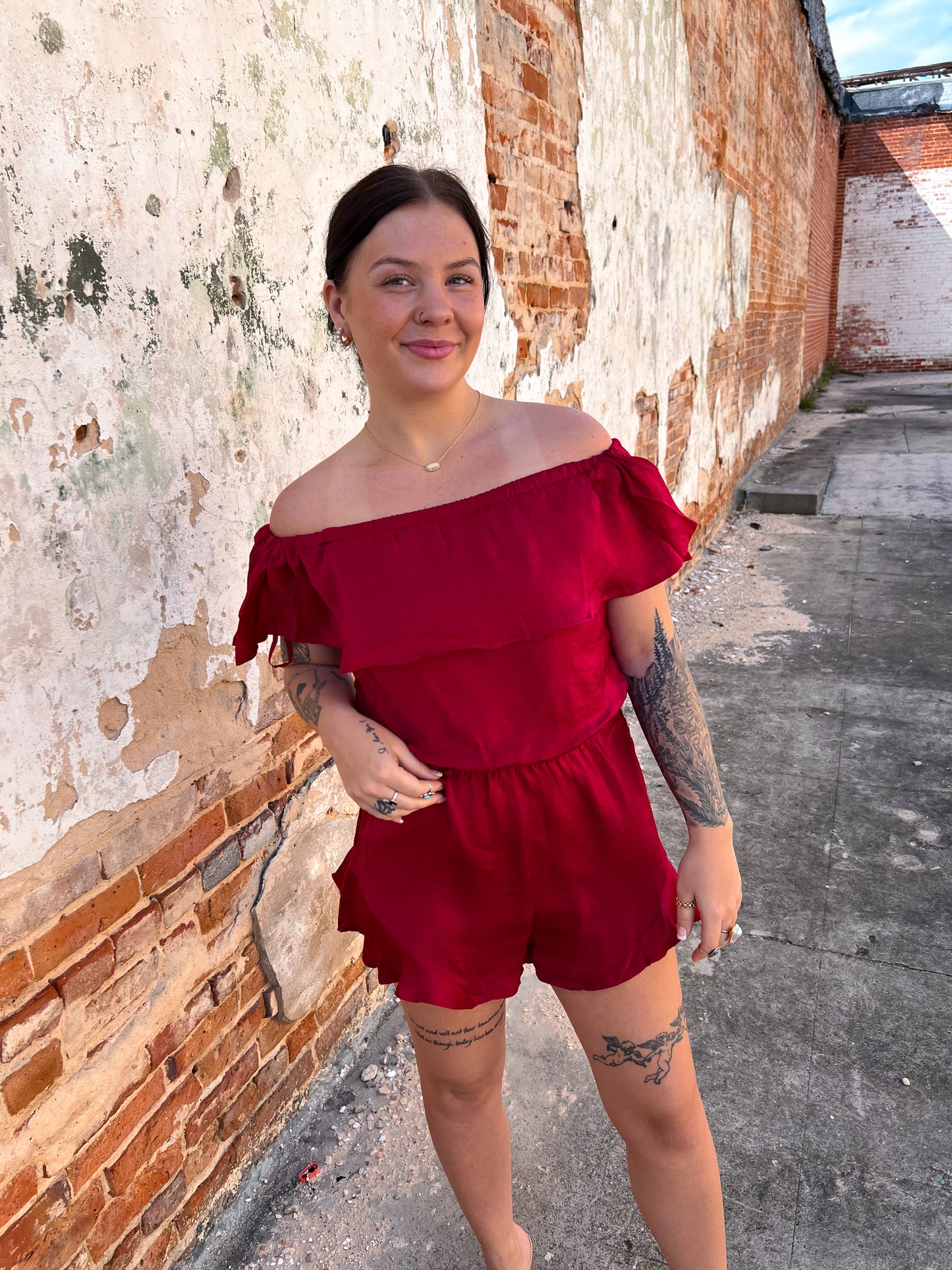 Mila Off The Shoulder Satin Romper-Romper-She & Sky-& Jumpsuits,08/18/24,1st md,DJR,Dresses,gameday,Max Retail,OGP 49.99,Rompers,SS8084-The Twisted Chandelier