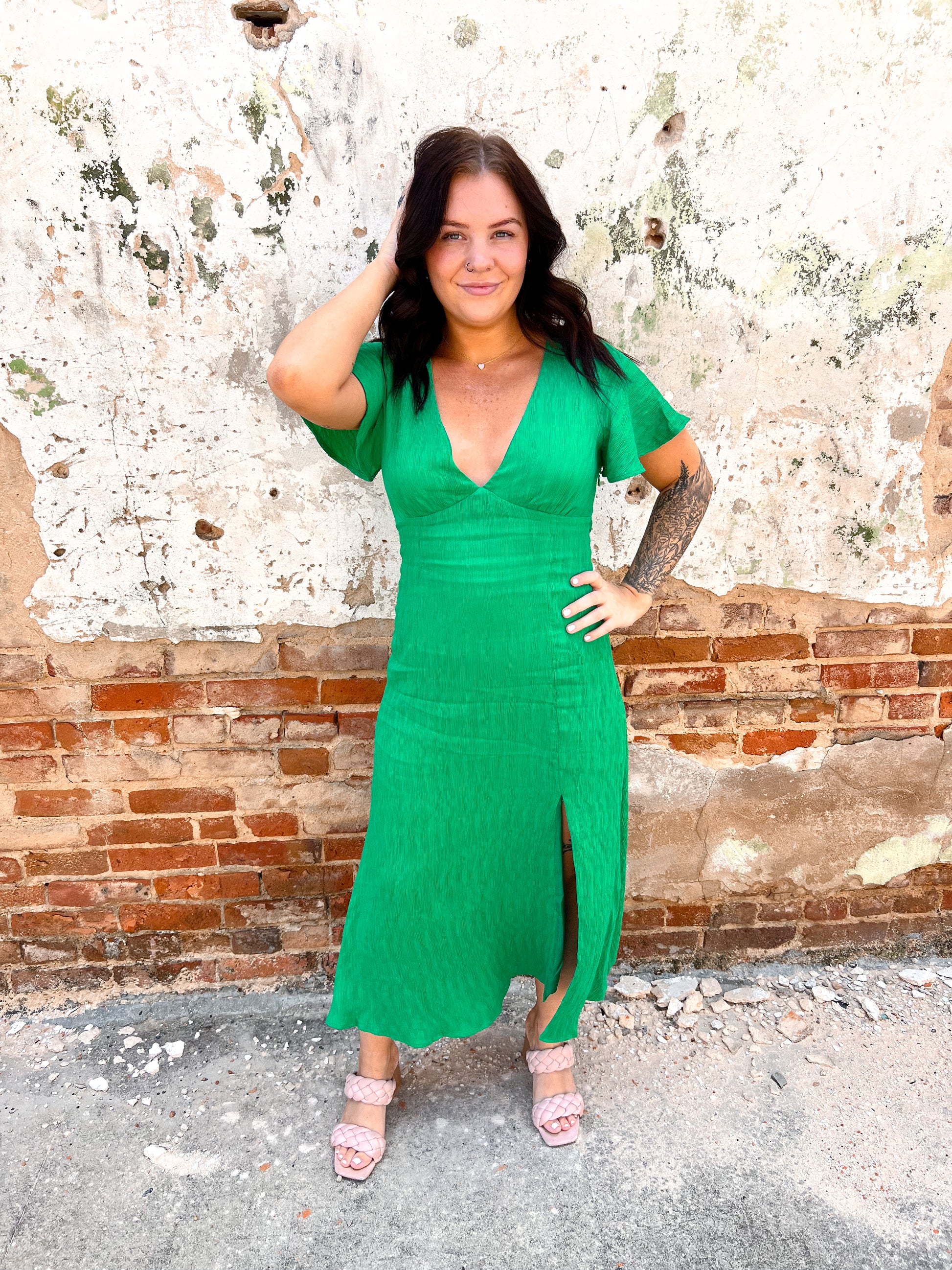 Viviana Long Green V-Neck Dress-Dresses-B. right-12/02/24,1st md,BIN A 3,CLD311097,DJR,Fd 05/21/24-The Twisted Chandelier