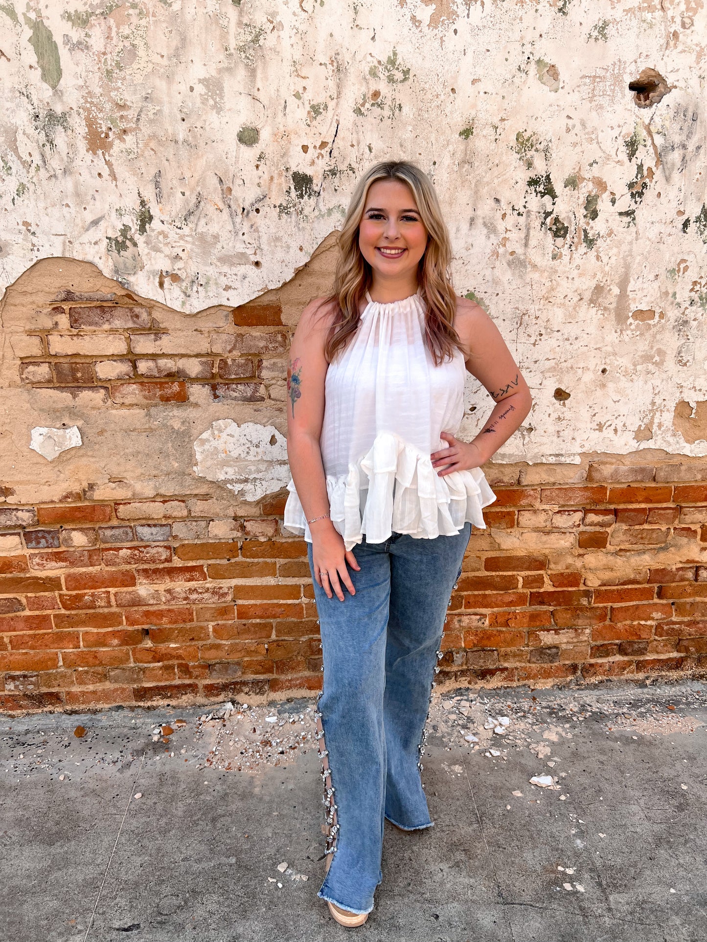 Mikayla Halter Ruffle Sleevless Blouse Top-Top-mazik-04/25,05/27/24,1st md,Bin a4,Max Retail,not on the floor only in the bins,Tops Collection-The Twisted Chandelier