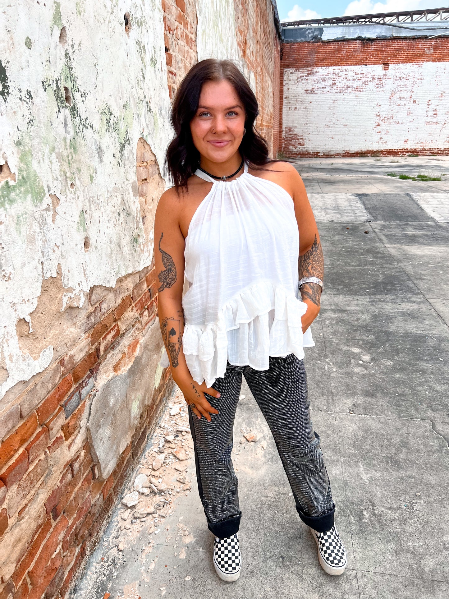 Mikayla Halter Ruffle Sleevless Blouse Top-Top-mazik-04/25,05/27/24,1st md,Bin a4,Max Retail,not on the floor only in the bins,Tops Collection-The Twisted Chandelier