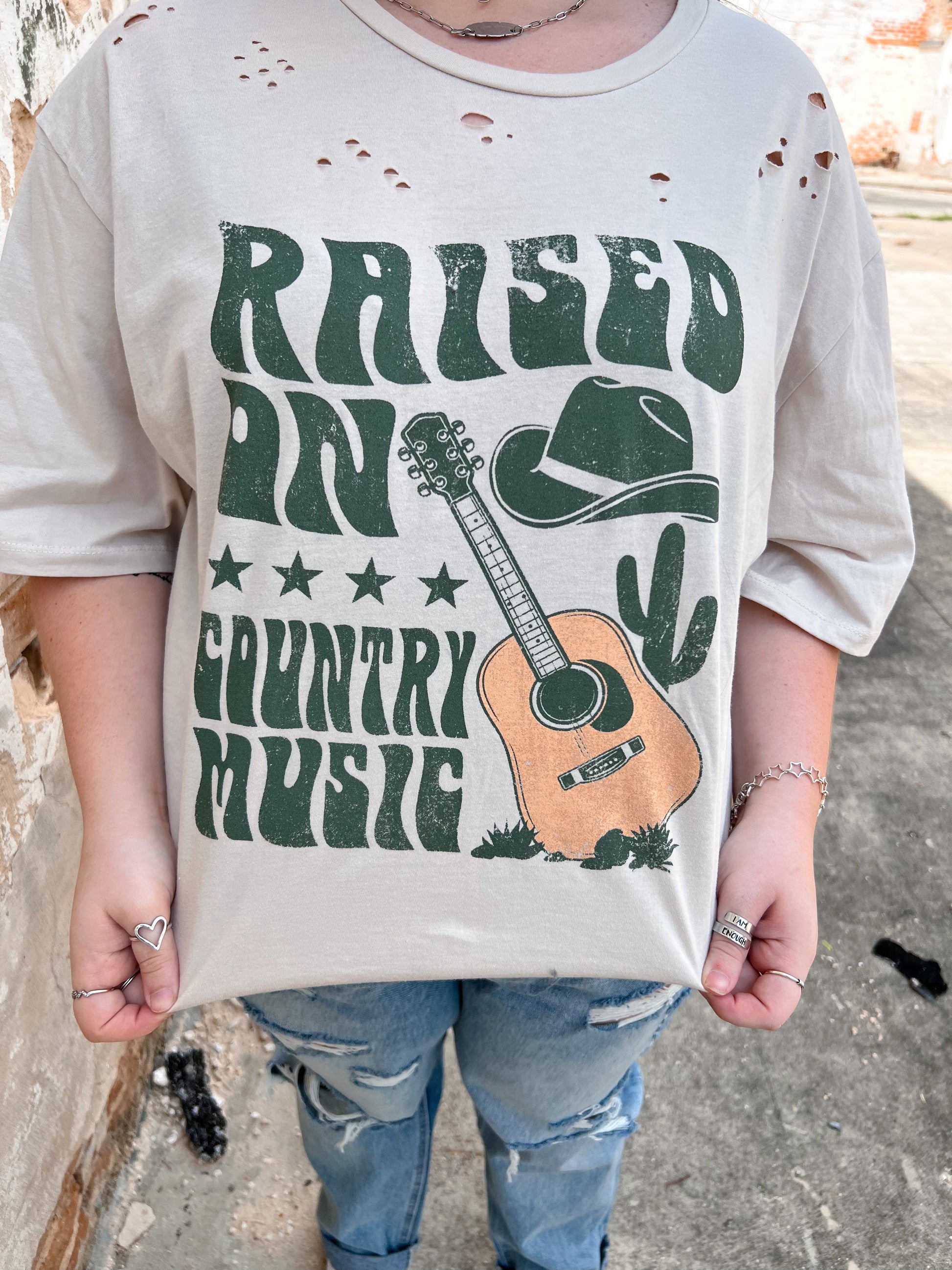 Raised on Country Music Distressed Rocker Tee - Plus-Rocker Tee-Zutter-04/21/25,05/25/24,1st md,88525-1992,FAVES,Max Retail,SH13535,Tops Collection,western & concert-The Twisted Chandelier