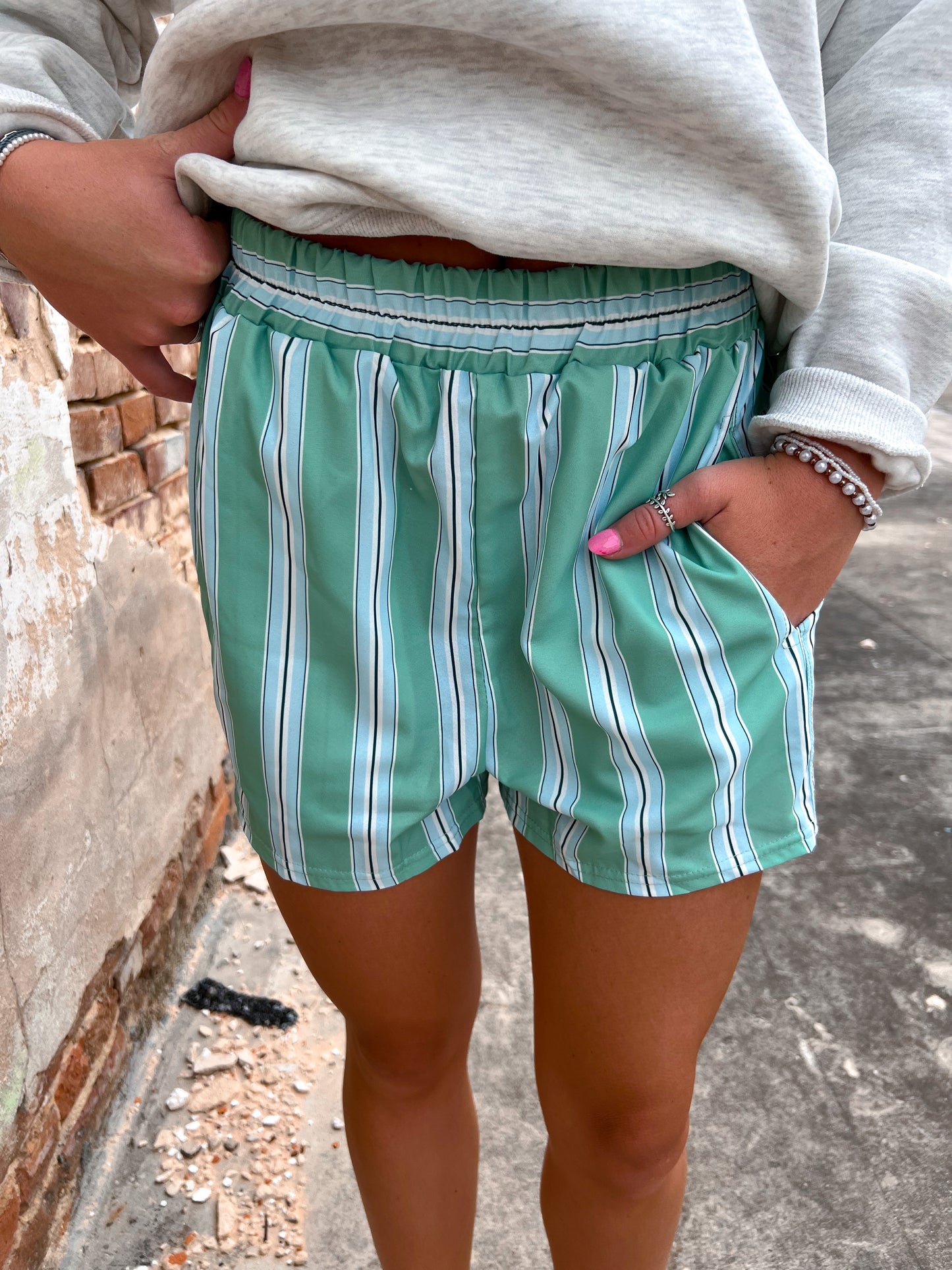Stella Elastic Waist Boxer Shorts - Green & Blue Striped-Shorts-Rosa Clothing-11/17/24,1st md,BIN A2,bottom,FD 09/03/24,not on the floor only in the bins,OGP 34.99-The Twisted Chandelier