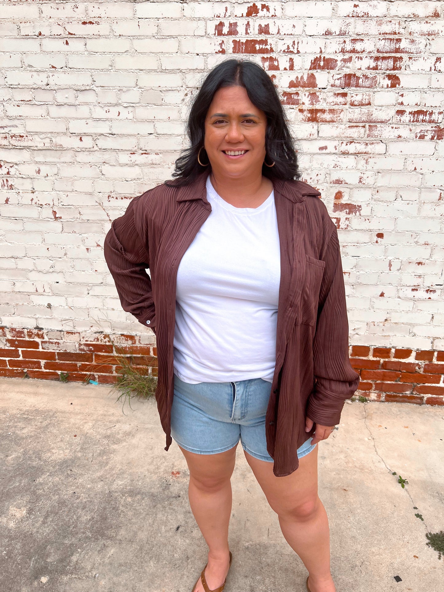 Bella Solid Textured Long Sleeve Button Up Top Plus - Chocolate-TOP-Entro-05/27/24,1st md,BIN D3,Max Retail,Tops Collection-The Twisted Chandelier