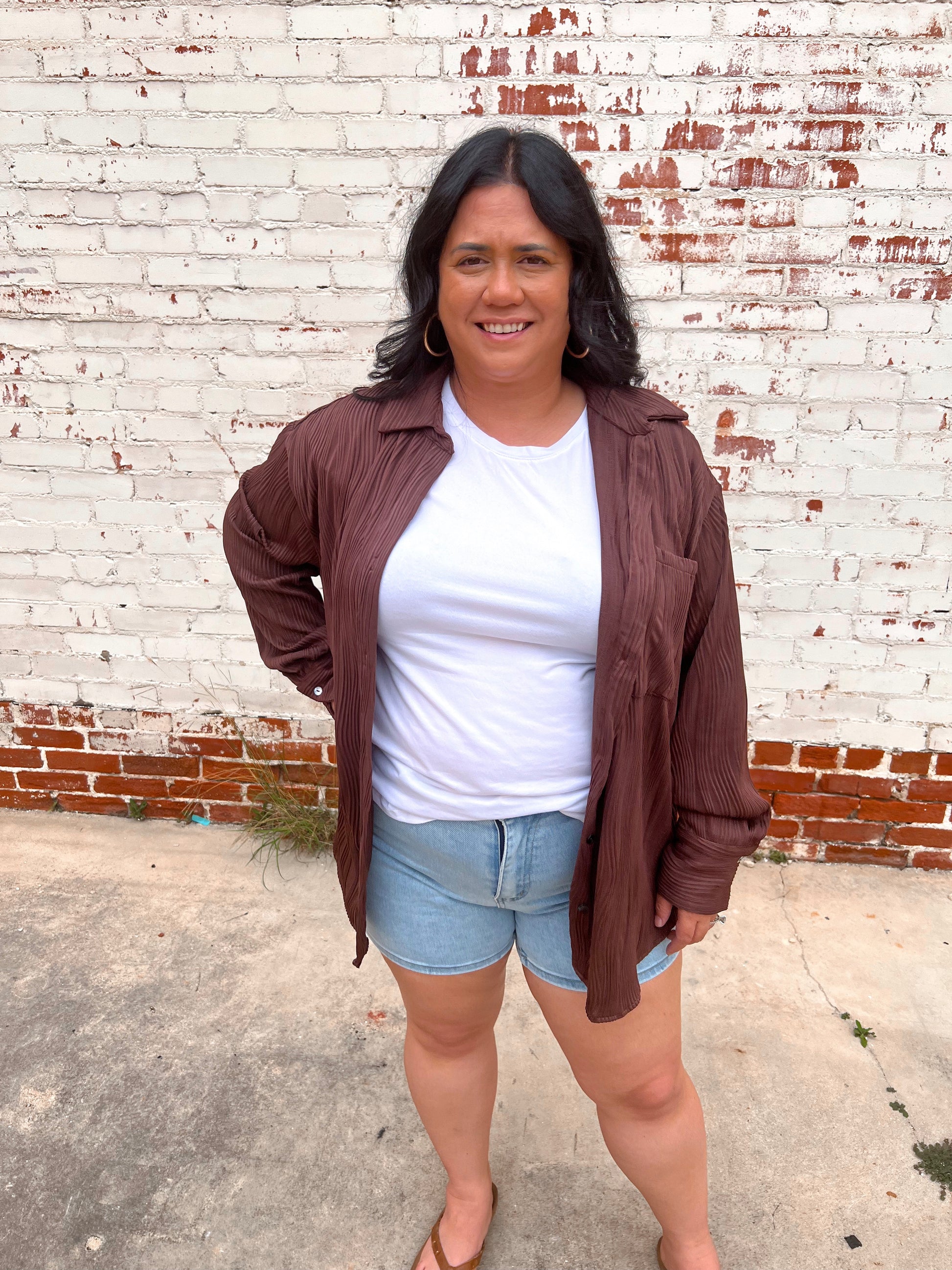 Bella Solid Textured Long Sleeve Button Up Top Plus - Chocolate-TOP-Entro-05/27/24,1st md,BIN D3,Max Retail,Tops Collection-The Twisted Chandelier