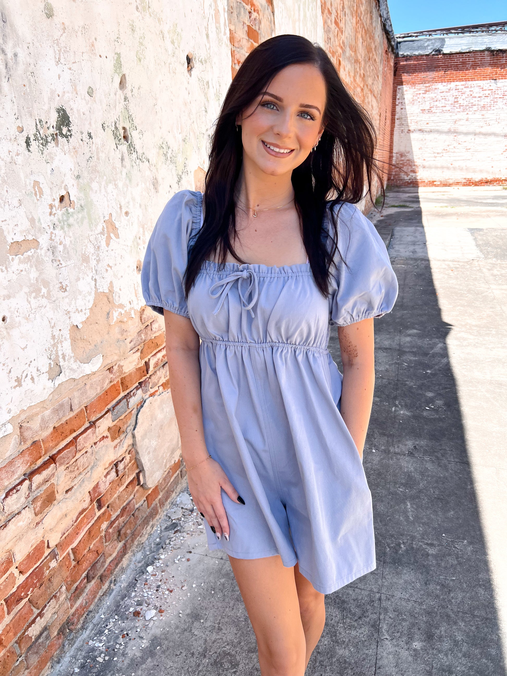 Lucy Puff Sleeve Babydoll Denim Romper-Denim Romper-LE LIS-Bin C5,DJR,FD 03/04/25-The Twisted Chandelier