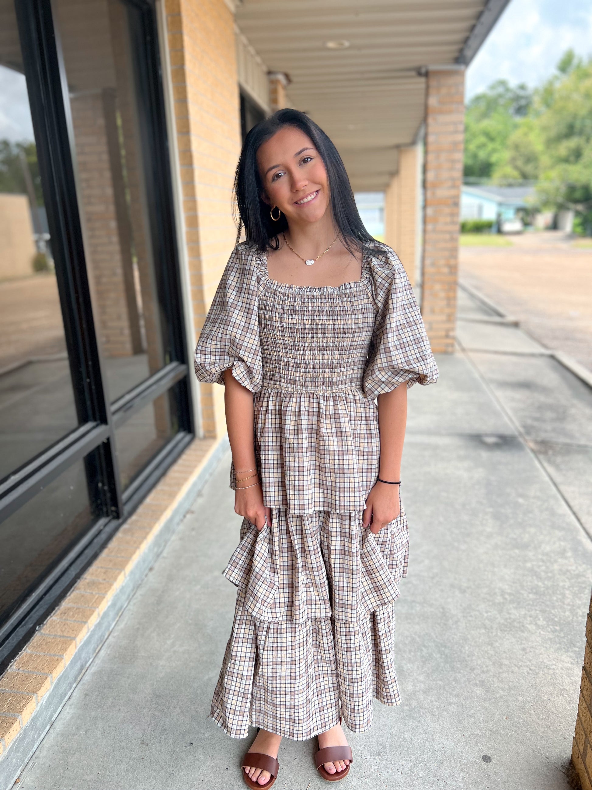 Charlotte Crinkled Plaid Smocked Top Midi Dress-Oddi-Bin B3,DJR-The Twisted Chandelier