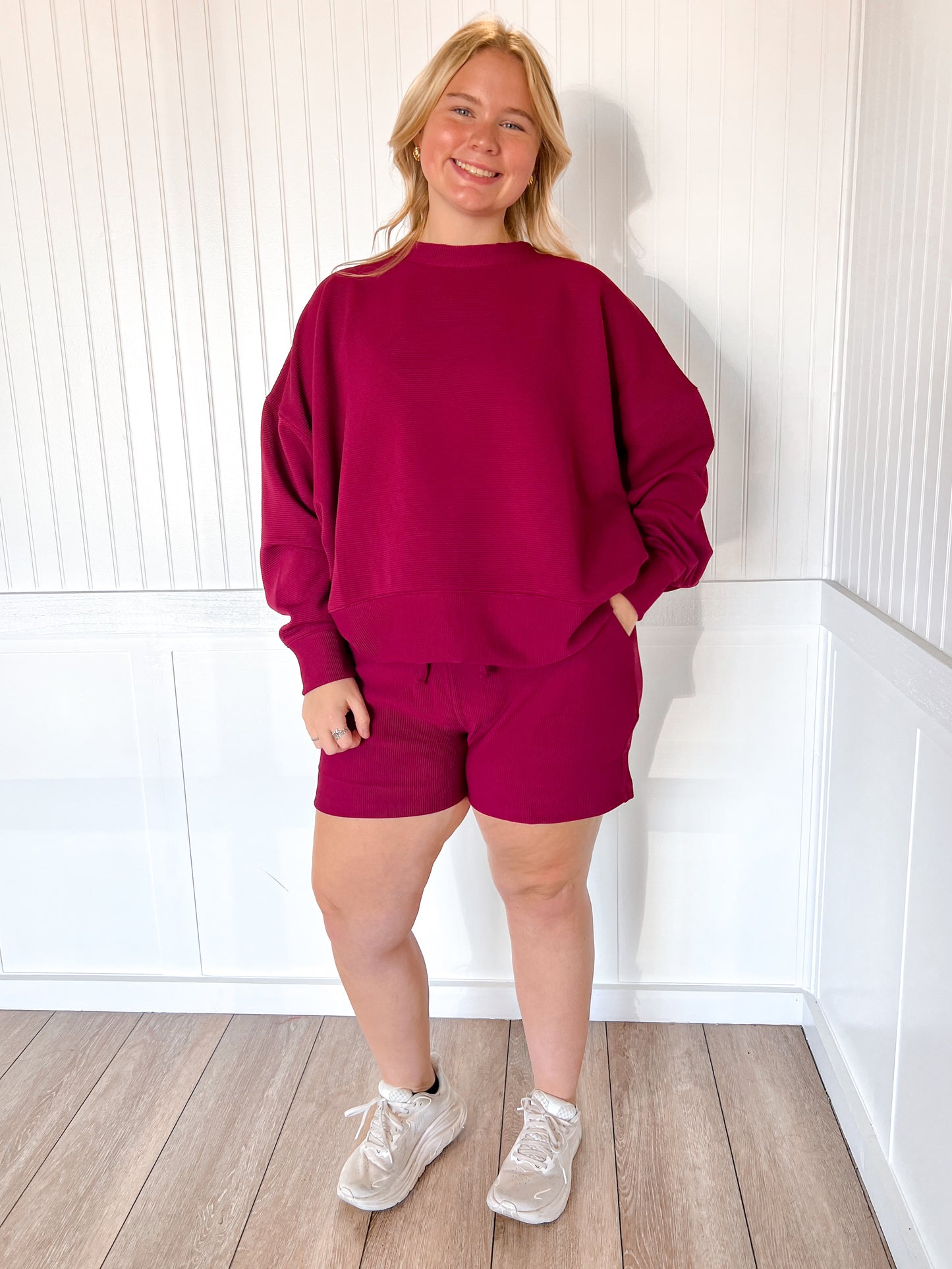 Nila Ribbed Round Neck Pullover and Short Set - Cabernet-Zenana-The Twisted Chandelier