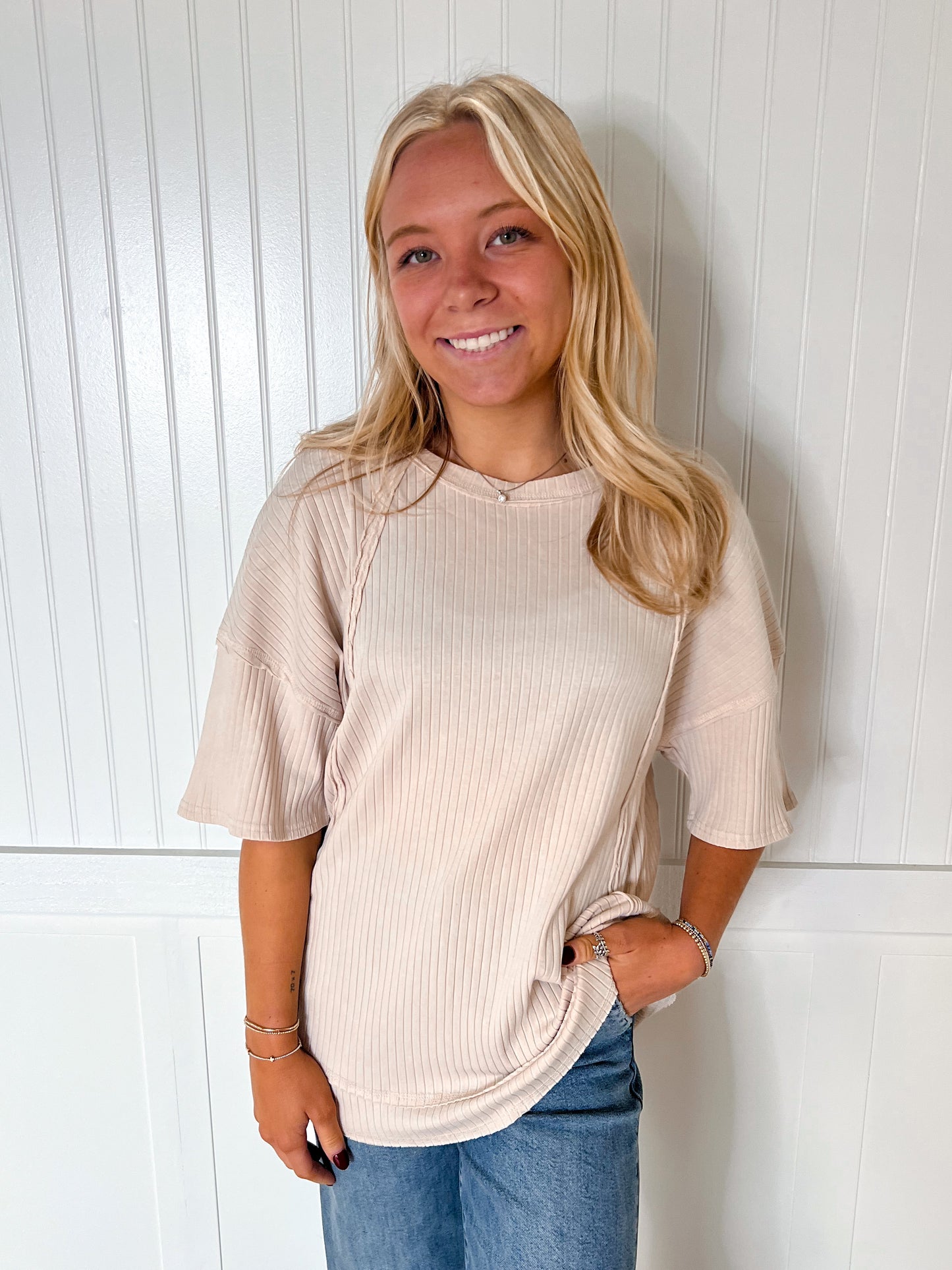 Cassie Mineral Washed Oversized Ribbed Knit Casual Top - Beige-VERY J-Bin B4,FD 8/5/25,OGP 37.50,Tops Collection-The Twisted Chandelier