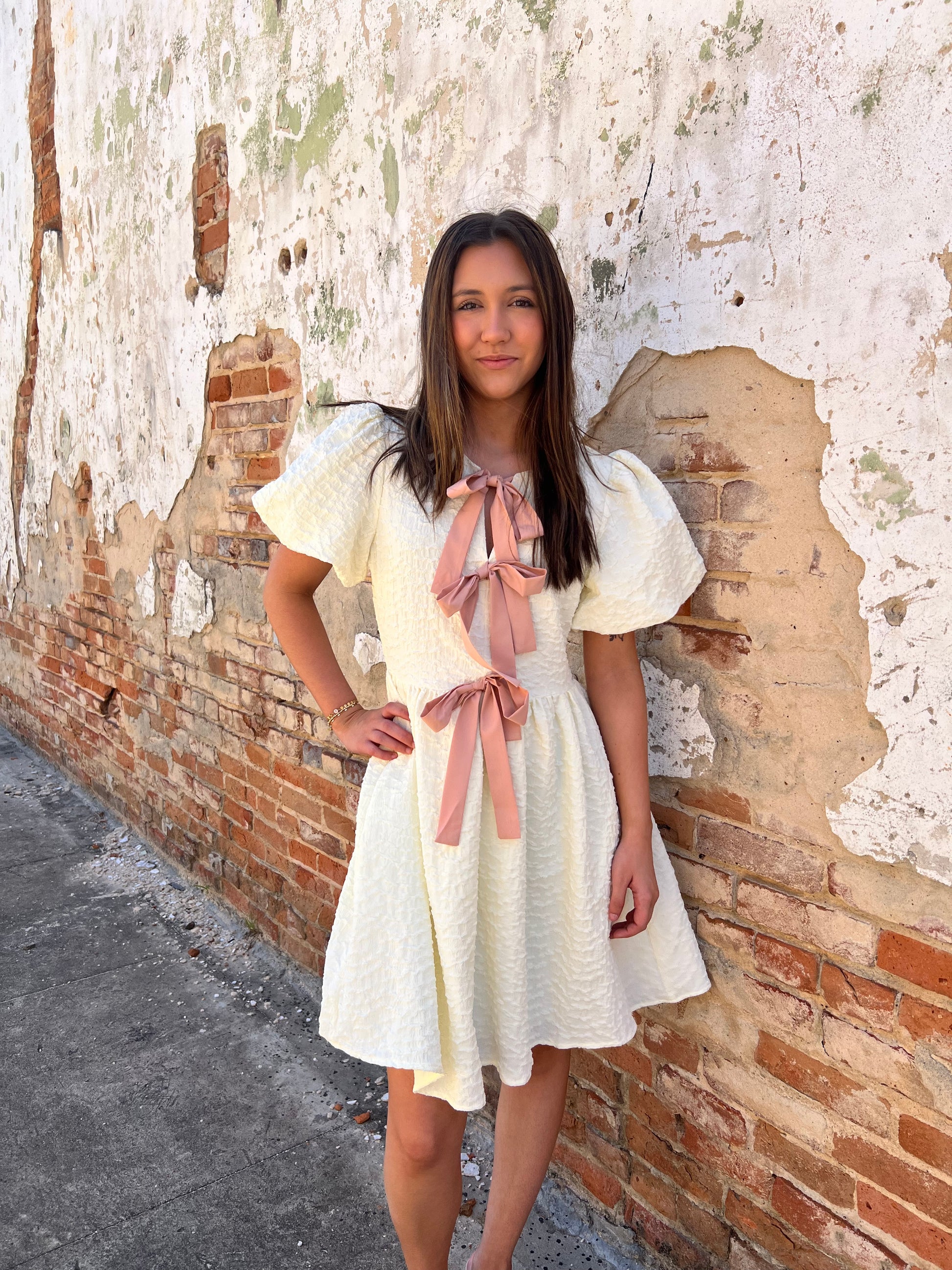 Bianca Bubble Textured Bow Tie Front Dress with Bubble Sleeves - Cream-Dress-idem ditto-1st md,BIN A 3,DJR,FD 05/13/25-The Twisted Chandelier