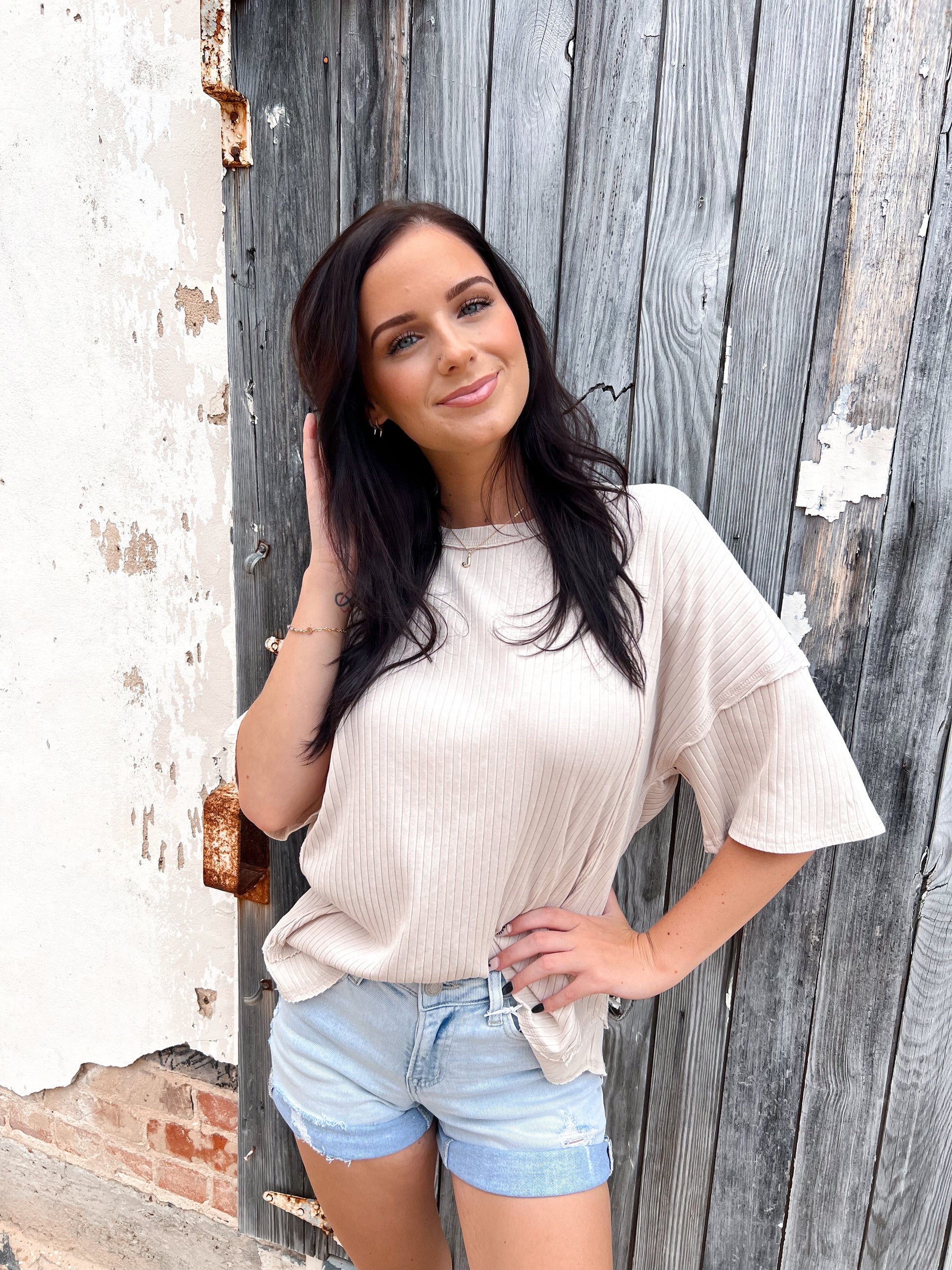 Cassie Mineral Washed Oversized Ribbed Knit Casual Top - Beige-VERY J-Bin B4,FD 8/5/25,Tops Collection-The Twisted Chandelier