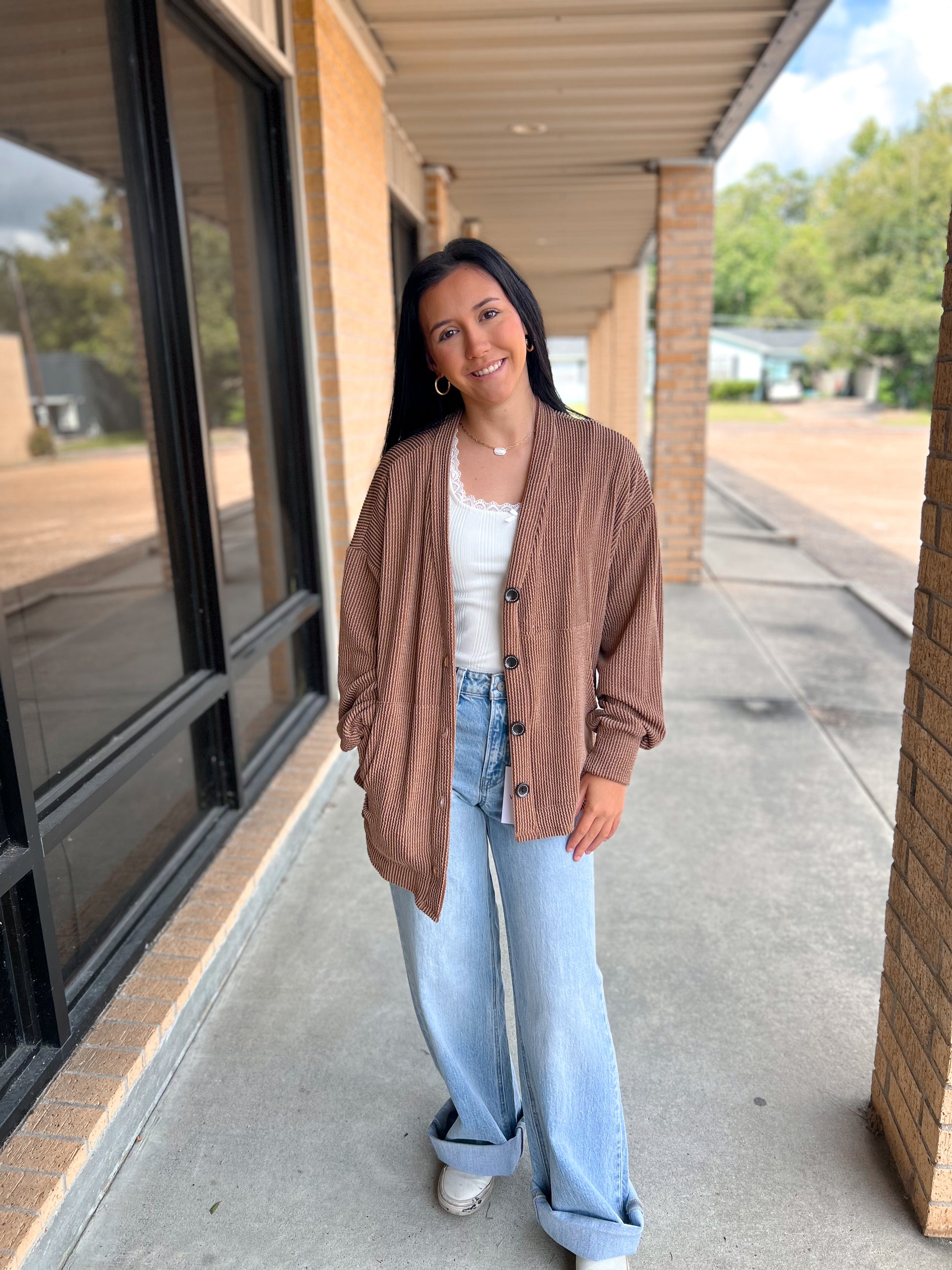 Kate Solid Rib Drop Shoulder Button Balloon Sleeve Cardigan - Chestnut-7th Ray-Bin a4,FD 09/22/25-The Twisted Chandelier