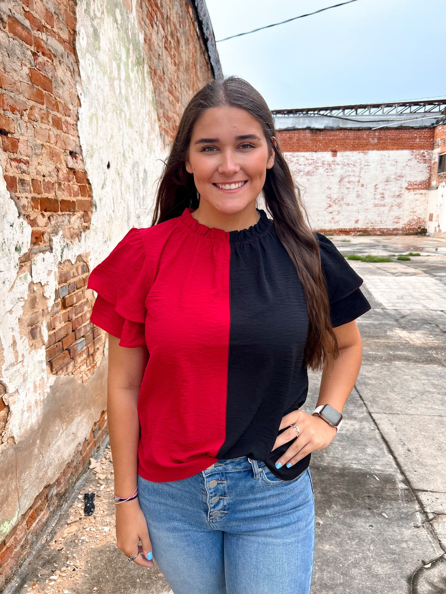 Kaia Color Block Tiered Ruffle Sleeve Blouse-BLOUSE TOP-oddi-10/11/24,1st md,Bin C3,Cr05/29/24,gameday,IT16883P,OGP 36.99,Tops Collection-The Twisted Chandelier