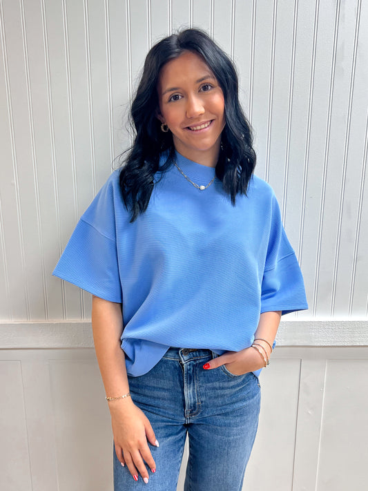 Kinsley Ribbed Round Neck Waist Banded Tee Shirts - Cornflower Blue-Zenana-FD 03/12/26,Tops Collection-The Twisted Chandelier