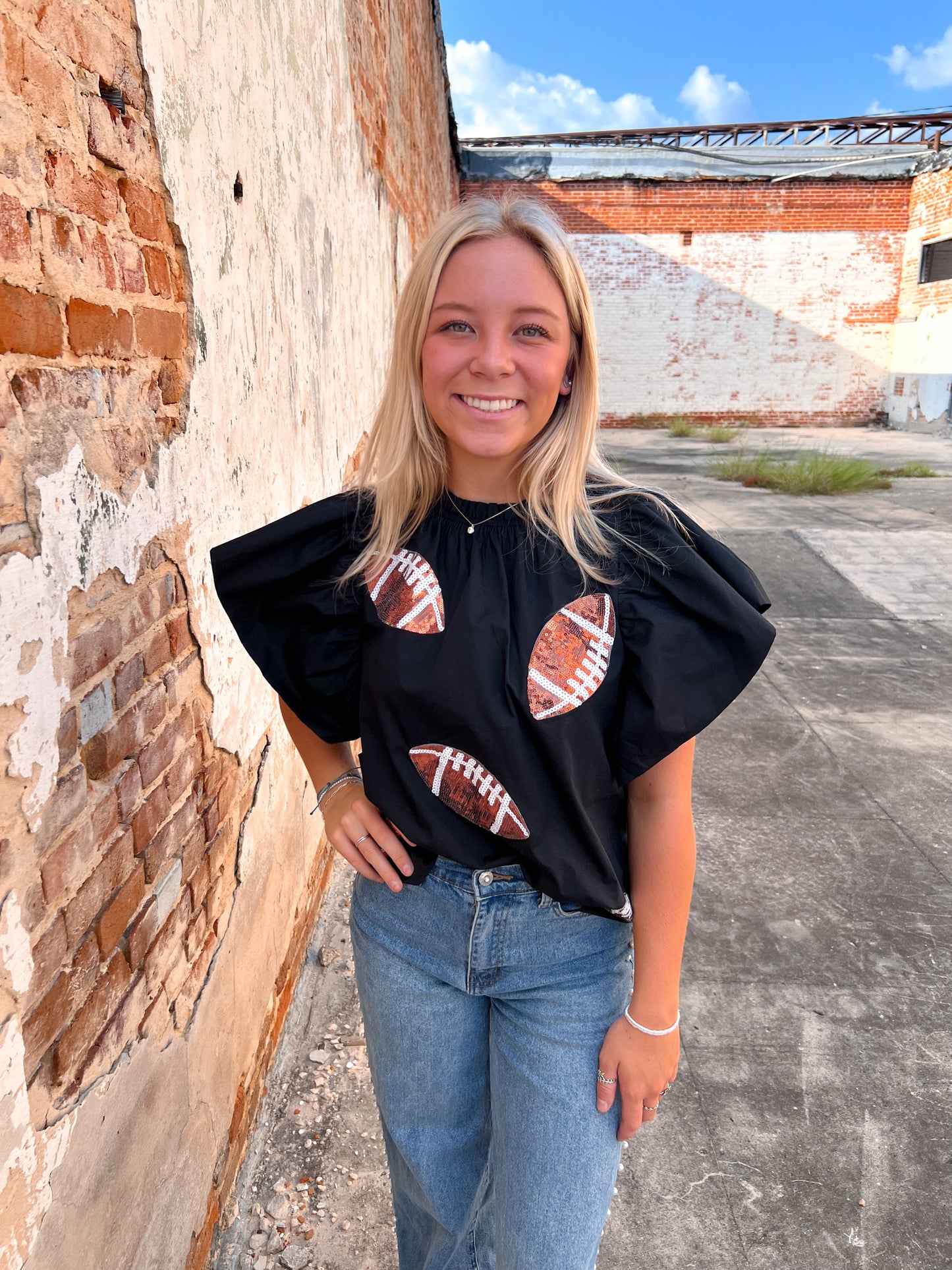 Football Sequin Patch Solid Poplin Blouse-BLOUSE TOP-oddi-10/11/24,1st md,Bin c1,Bin C3,Cr05/29/24,gameday,IT16963,Max Retail,OGP 49.99,Tops Collection-The Twisted Chandelier