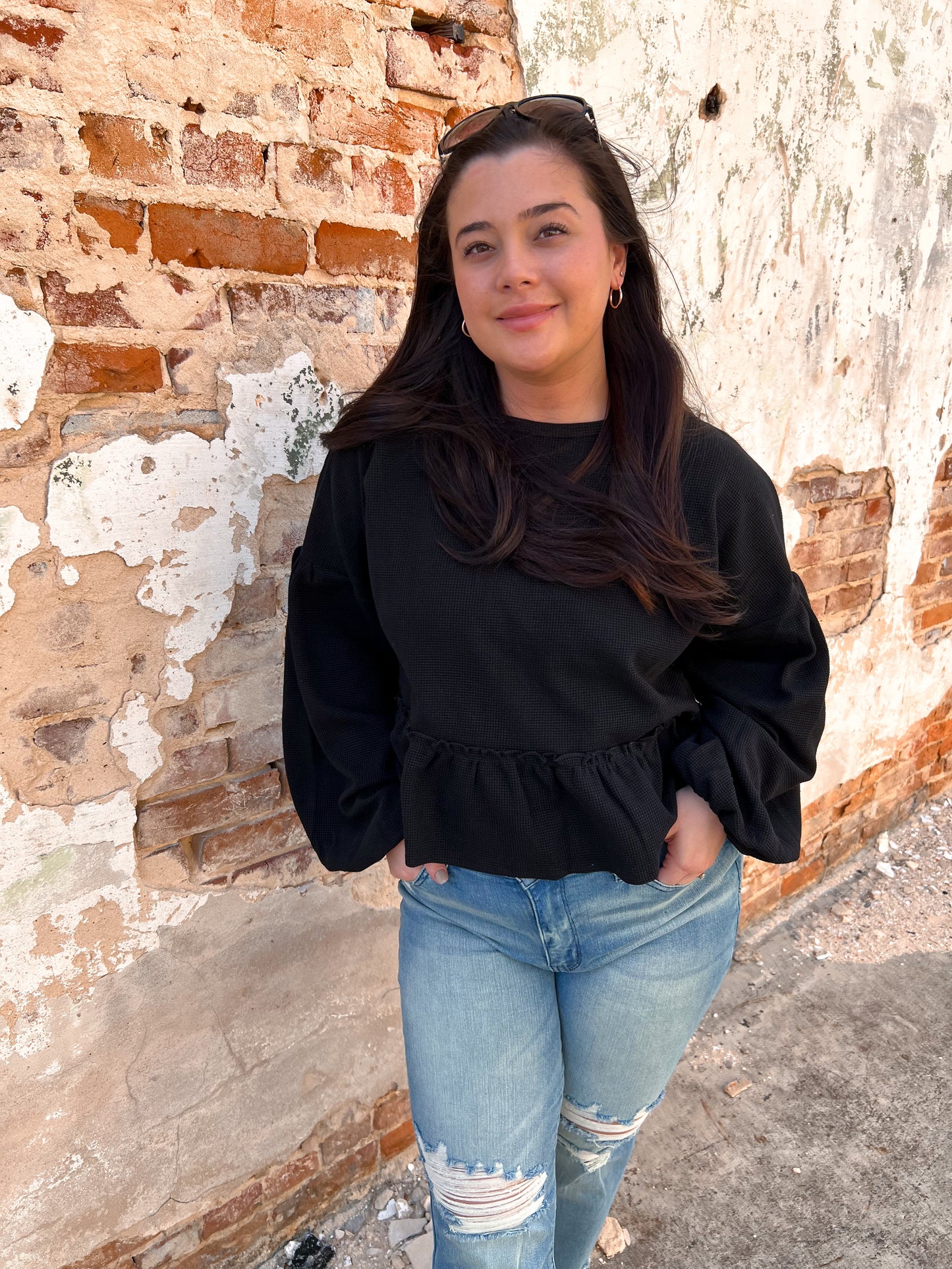 Halston Waffle Top - Black-BLOUSE TOP-Southern Grace Wholesale-Tops Collection-The Twisted Chandelier