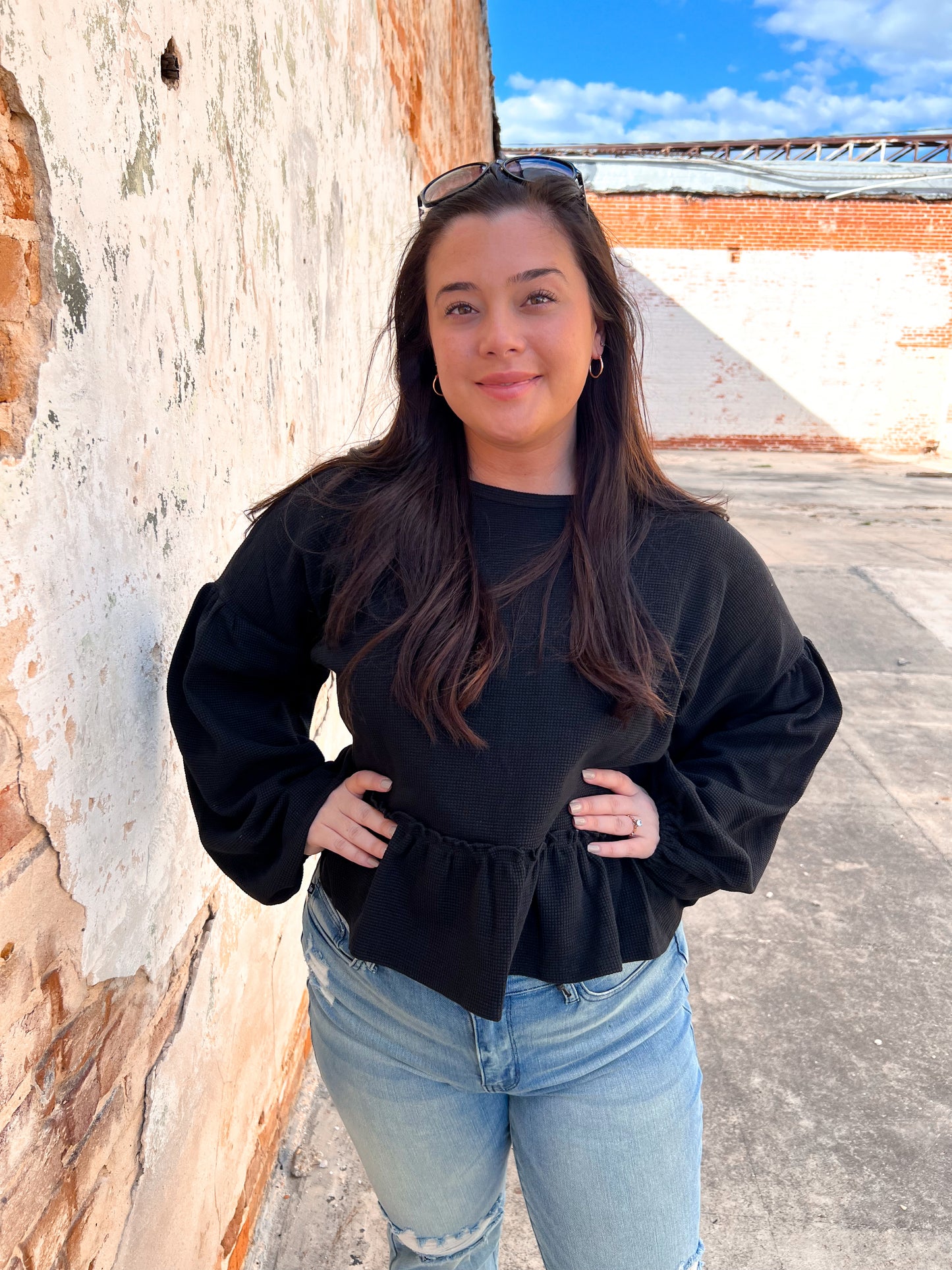 Halston Waffle Top - Black-BLOUSE TOP-Southern Grace Wholesale-Tops Collection-The Twisted Chandelier