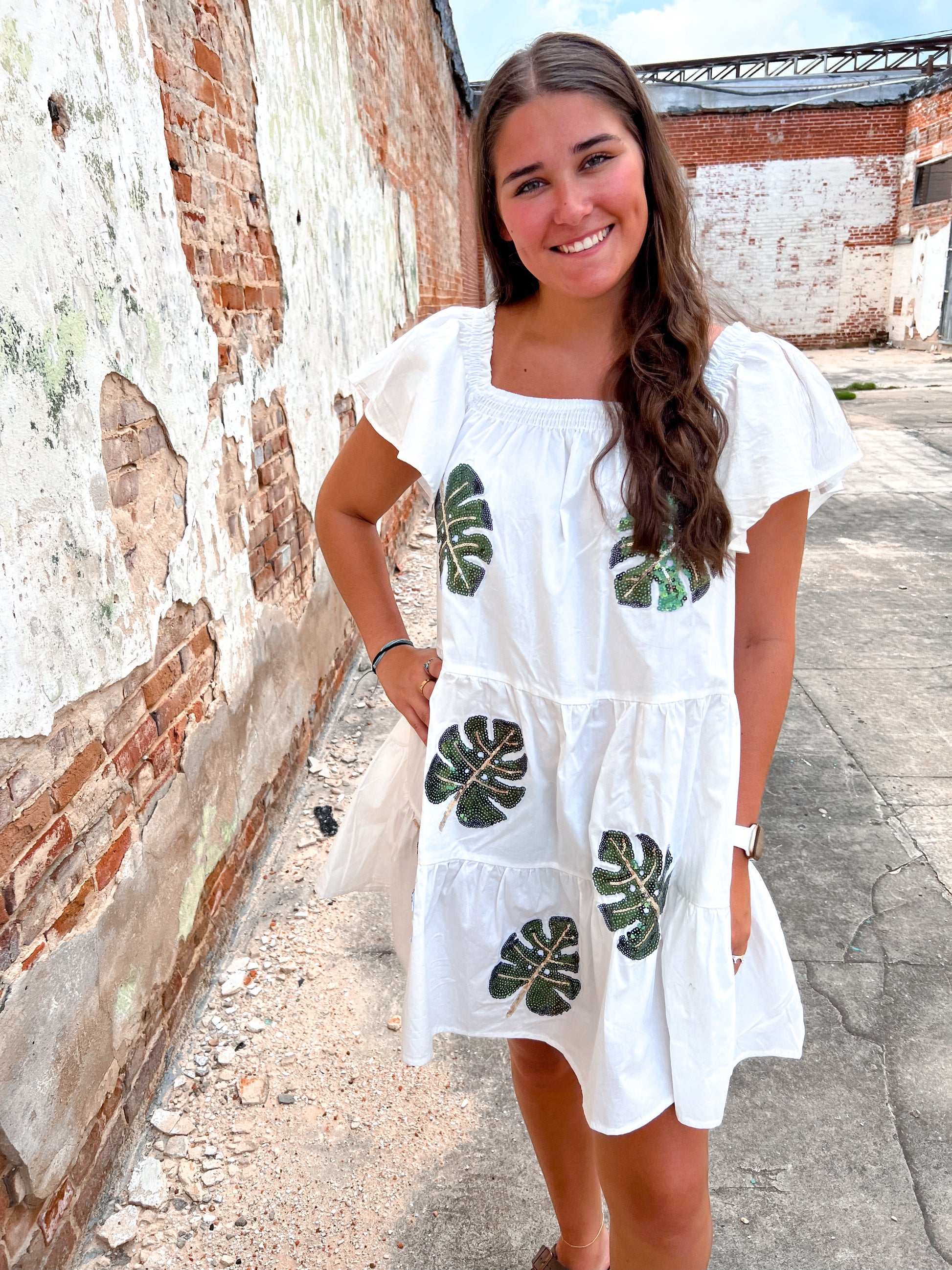 Leslie Leaf Sequin Patch Tiered Baby Doll Mini Dress-Dress-oddi-& Jumpsuits,08/08/24,1st md,Bin d2,DJR,Dresses,ID17008,Max Retail,not on the floor only in the bins,Rompers-The Twisted Chandelier