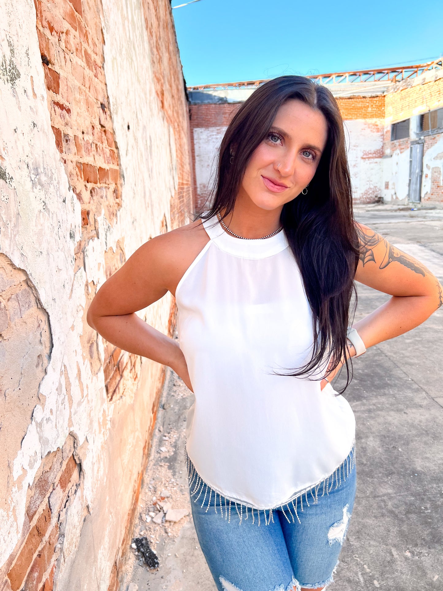Maelani White Top With Rhinestone Fringe-Shirt-Southern Grace Wholesale-04/21/25,05/25/24,1st md,6/27/23,Max Retail,Tops Collection,western & concert-The Twisted Chandelier