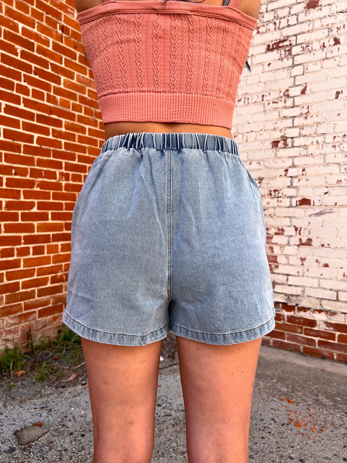 Brenda Washed Denim Shorts with Elastic Waist Band-She & Sky-06/30/25,1st md,Bin C5,FD 06/03/25,OGP 49.99,Shorts,SY8960-The Twisted Chandelier