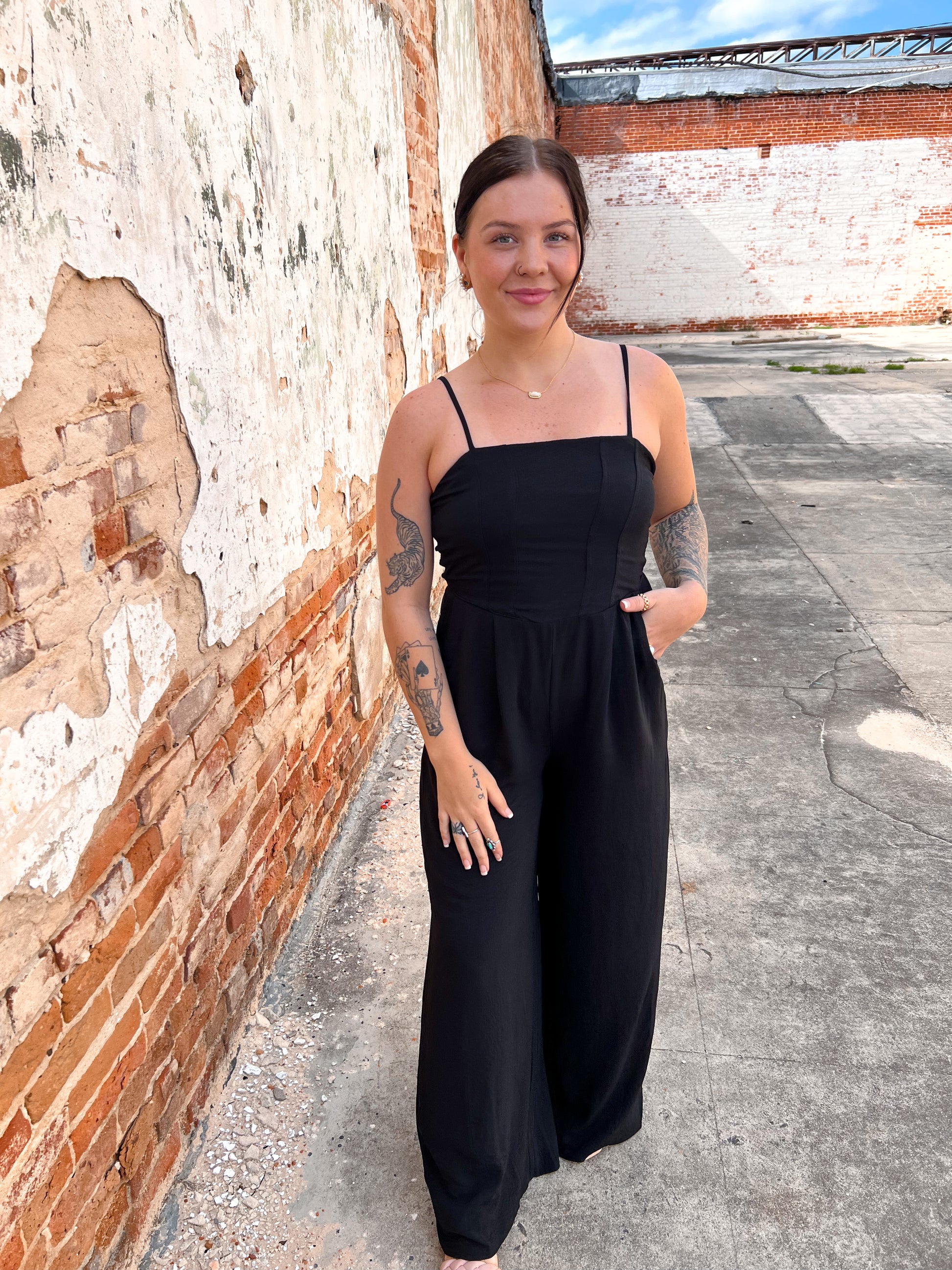 Addison Sleeveless Woven Jumpsuit With Black Smocking Detail-Apparel & Accessories-She & Sky-FD 04/23/24, SY5847-The Twisted Chandelier