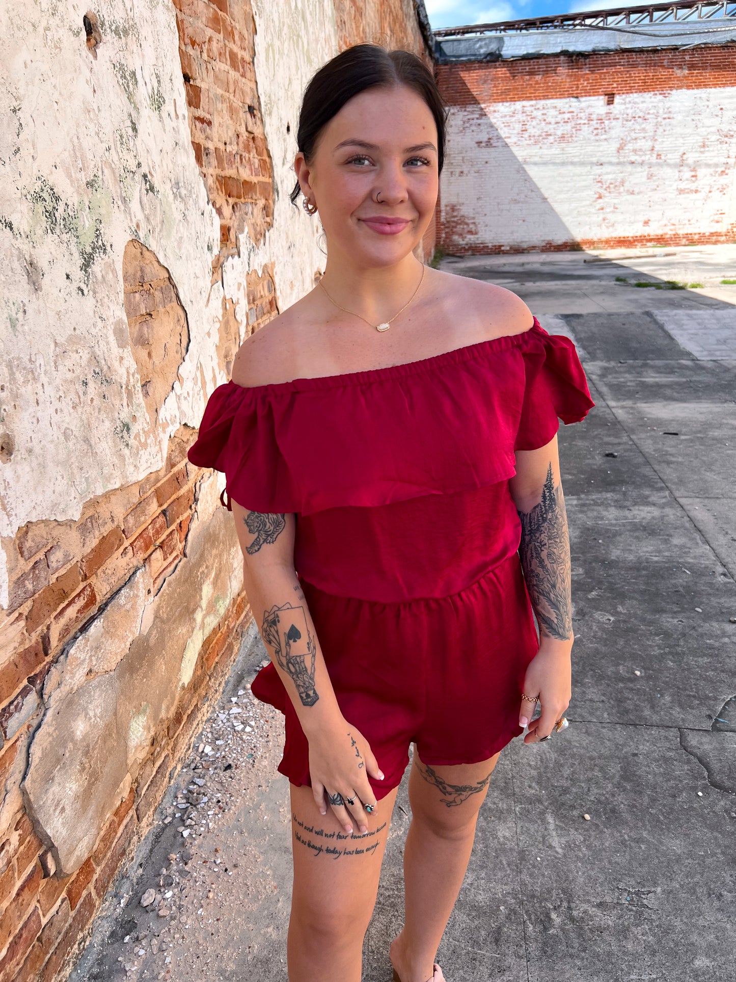 Mila Off The Shoulder Satin Romper-Romper-She & Sky-& Jumpsuits,08/18/24,1st md,DJR,Dresses,gameday,Max Retail,OGP 49.99,Rompers,SS8084-The Twisted Chandelier