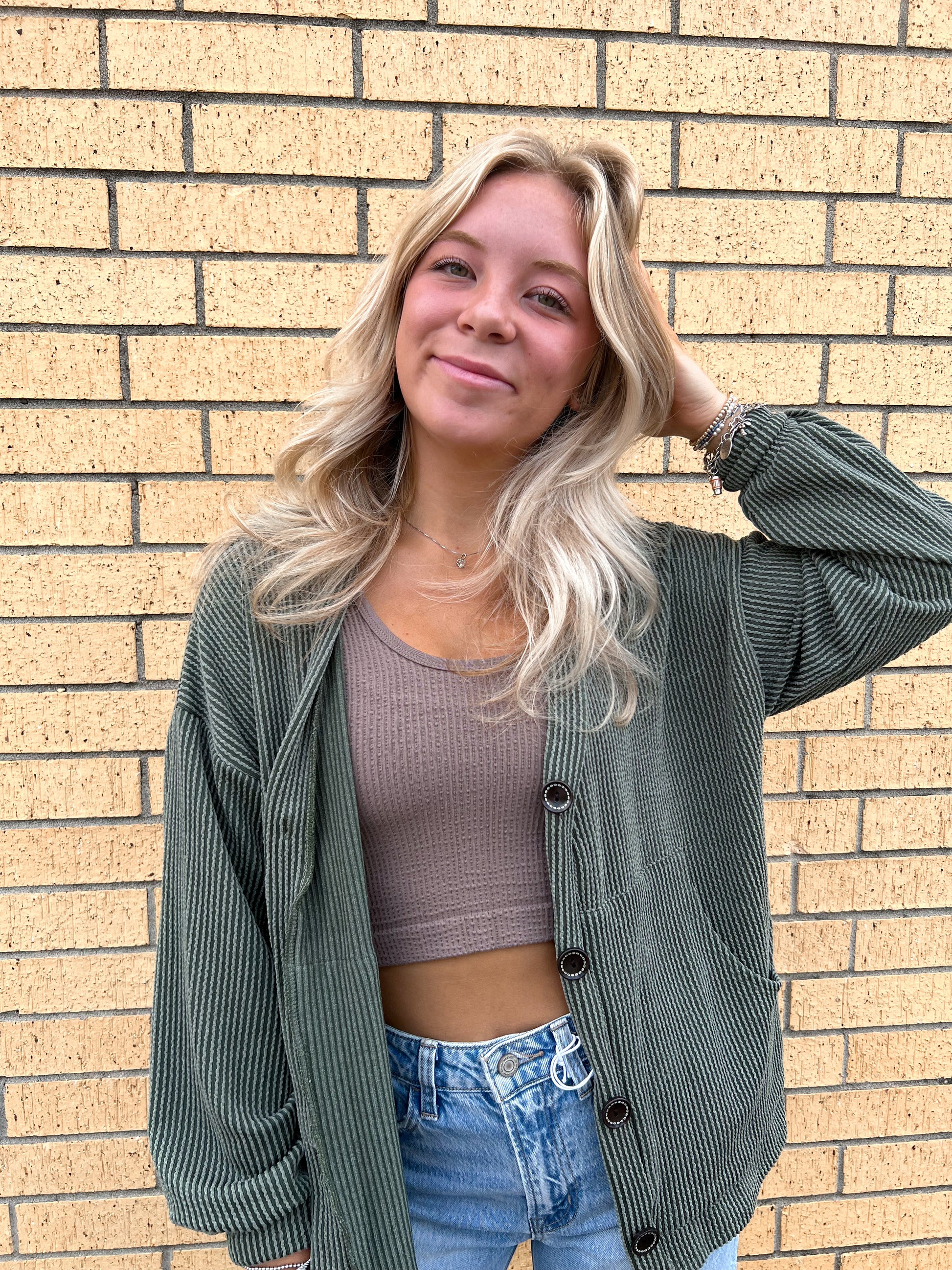 Kate Solid Rib Drop Shoulder Button Balloon Sleeve Cardigan - Olive-7th Ray-BIN A2,FD 09/22/25-The Twisted Chandelier