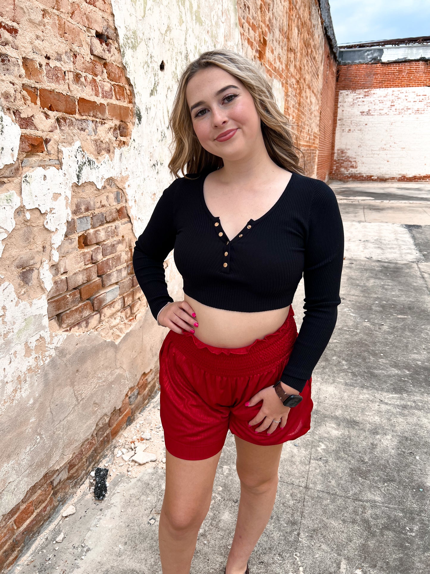 Red High Waisted Shimmer Shorts-Shorts-Southern Grace Wholesale-04/25,1st md,Bin D1,bottoms,Max Retail-The Twisted Chandelier