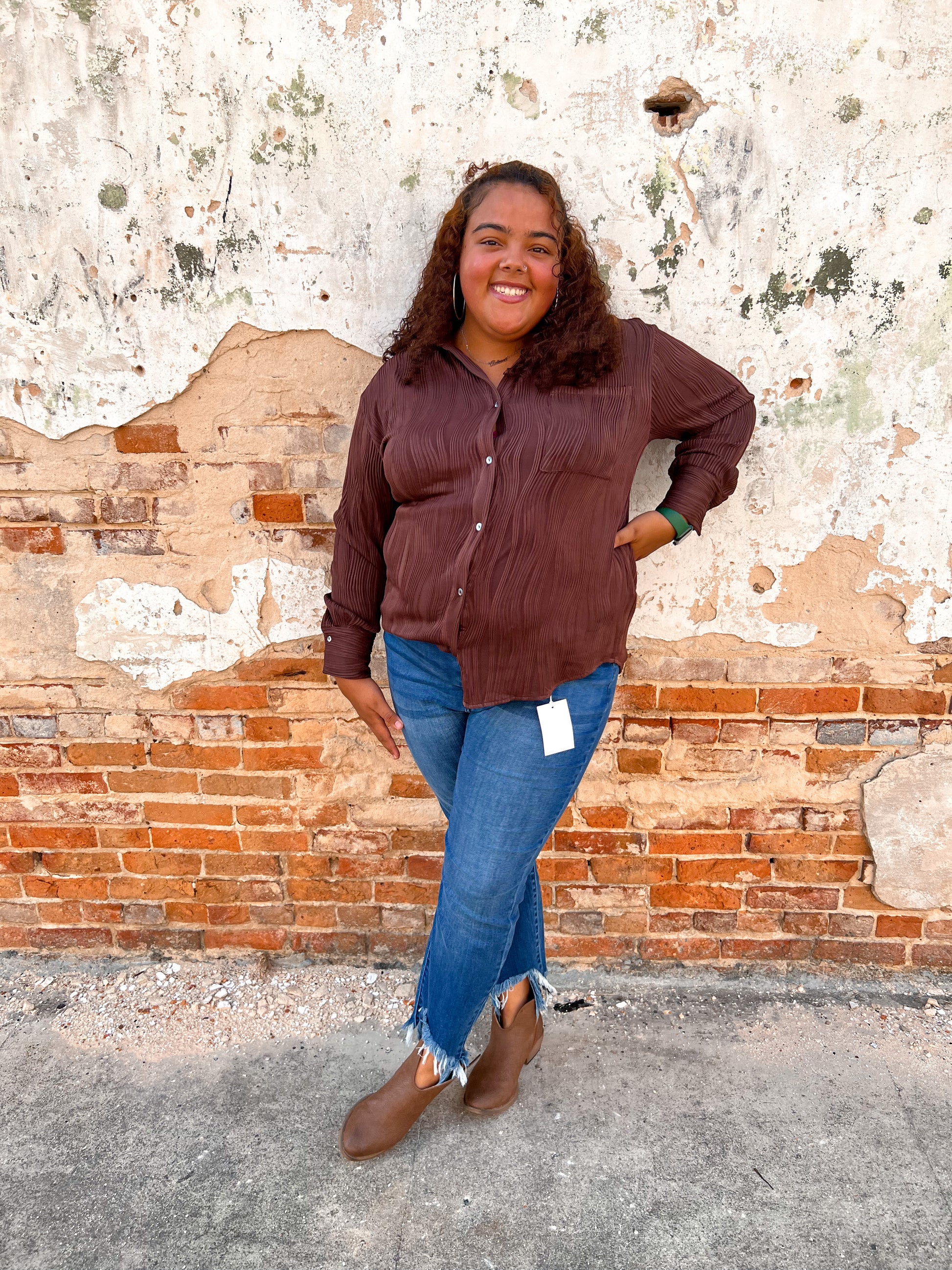 Bella Solid Textured Long Sleeve Button Up Top Plus - Chocolate-TOP-Entro-05/27/24,1st md,BIN D3,Max Retail,Tops Collection-The Twisted Chandelier