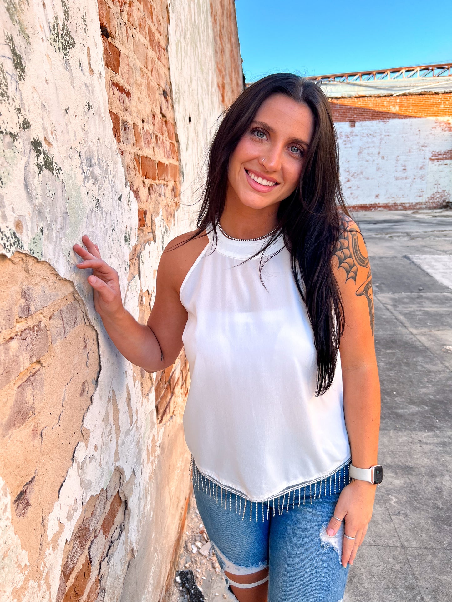 Maelani White Top With Rhinestone Fringe-Shirt-Southern Grace Wholesale-04/21/25,05/25/24,1st md,6/27/23,Max Retail,Tops Collection,western & concert-The Twisted Chandelier