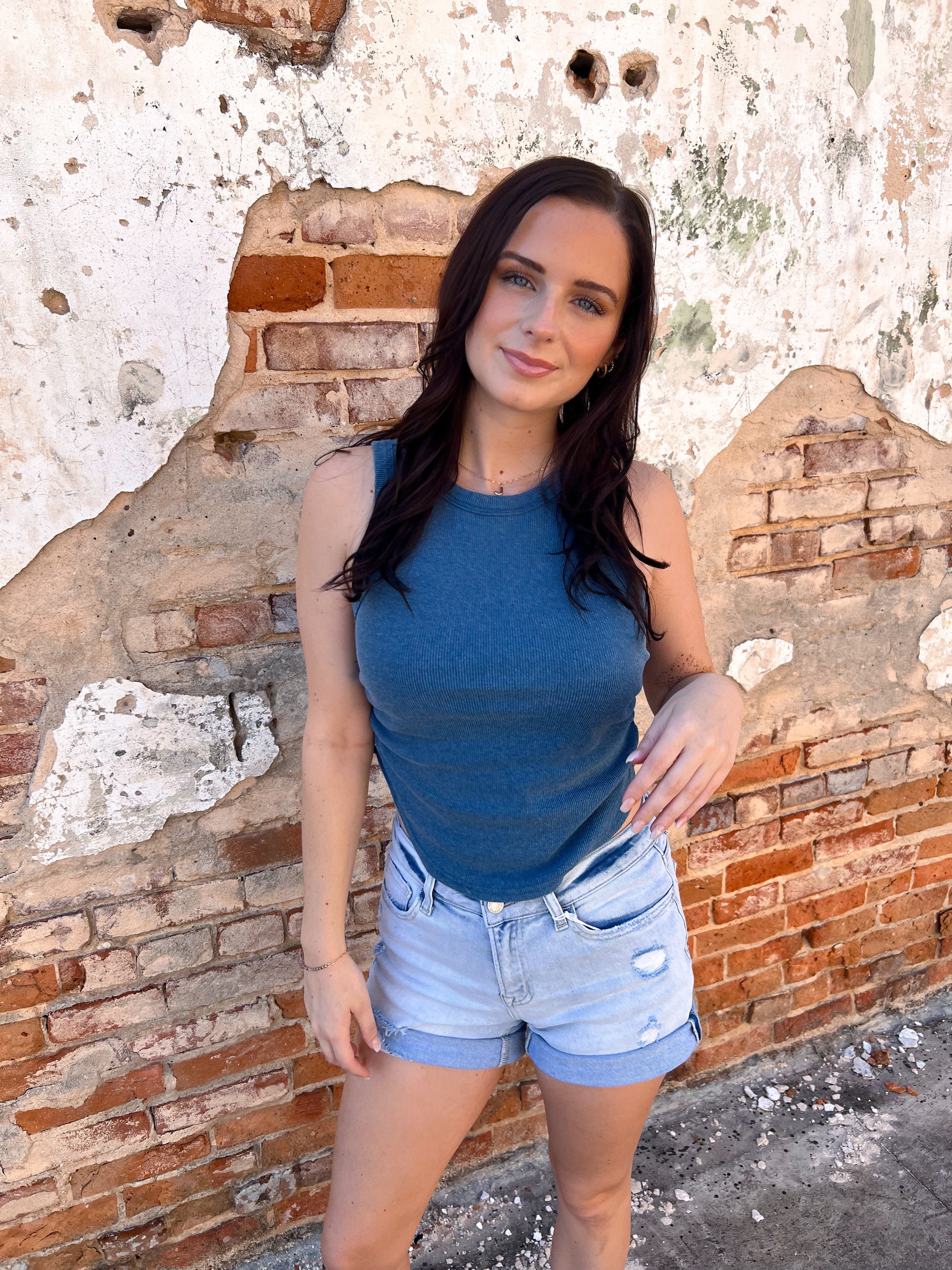 Willa Mineral Wash Rib Knit Tank Top - Blue-Tank Top-HYFVE-08/28/25,BIN A 3,CR 05/09/25,OGP 27.95,Tops Collection-The Twisted Chandelier