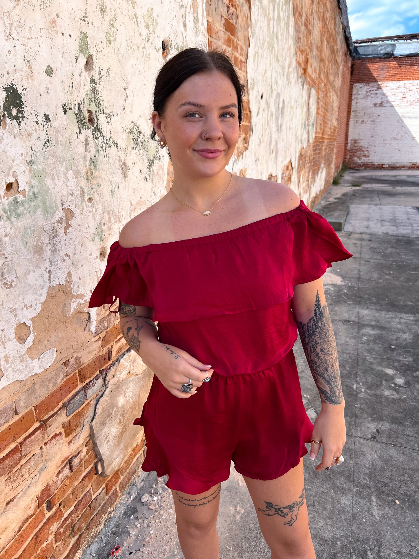 Mila Off The Shoulder Satin Romper-Romper-She & Sky-& Jumpsuits,08/18/24,1st md,DJR,Dresses,gameday,Max Retail,OGP 49.99,Rompers,SS8084-The Twisted Chandelier