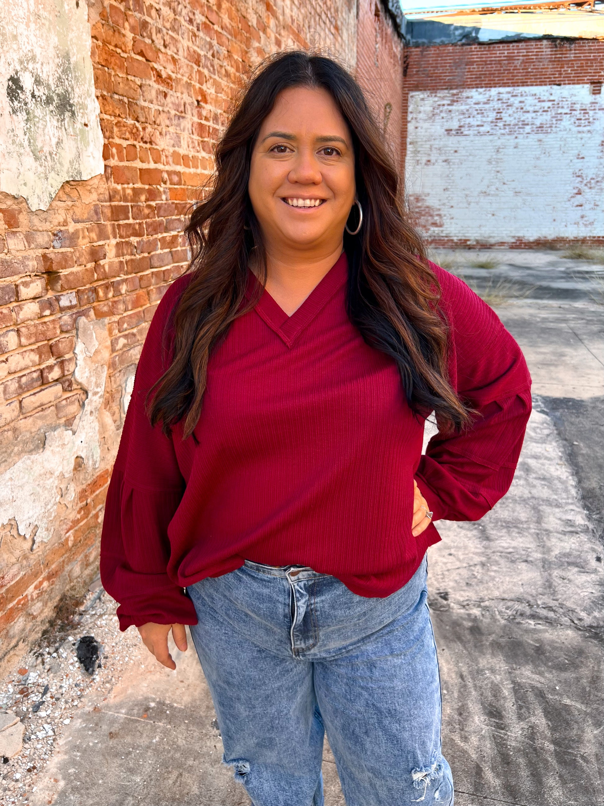 Gianna Textured Solid V-neck Comfy Knit Top - Plus Size-Shirt-VERY J-09/12/22,11/28/23 md,1st md,Max Retail,Tops Collection-The Twisted Chandelier